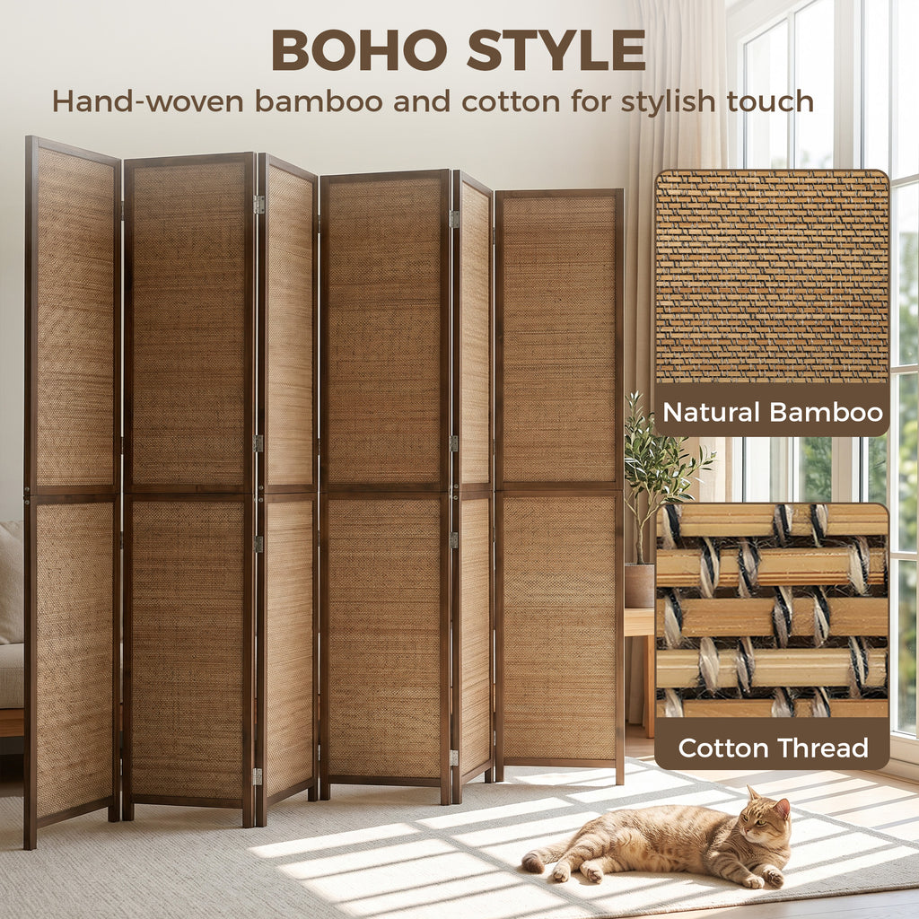 Room Divider, 6 Panel Folding Privacy Screen, 6 FT Tall Hand-Woven Bamboo Wall Partition, Brown