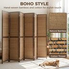 Room Divider, 6 Panel Folding Privacy Screen, 6 FT Tall Hand-Woven Bamboo Wall Partition, Brown