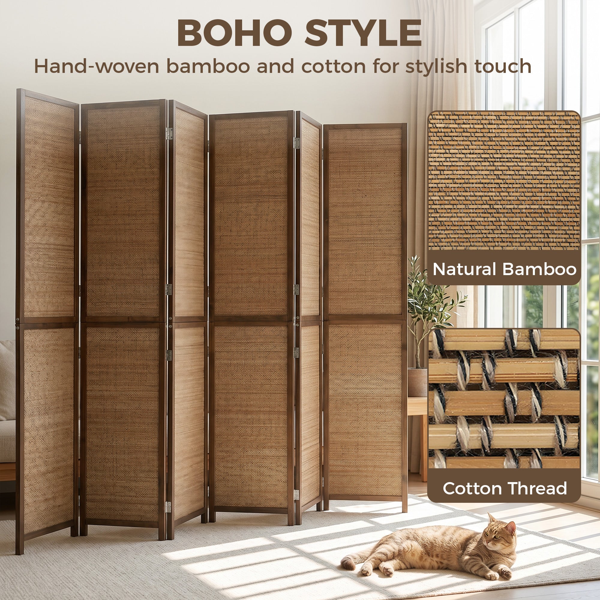 Room Divider, 6 Panel Folding Privacy Screen, 6 FT Tall Hand-Woven Bamboo Wall Partition, Brown