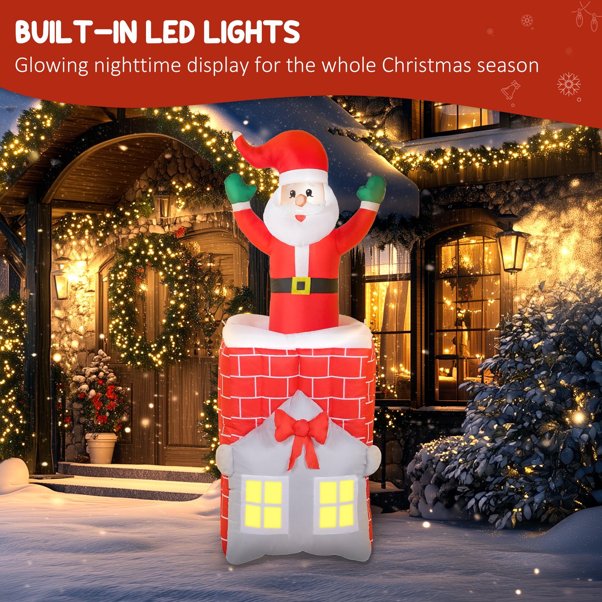 7FT Christmas Inflatable Santa in Chimney Up and Down, Blow Up Decoration with Built-in LED Lights for Indoor Party