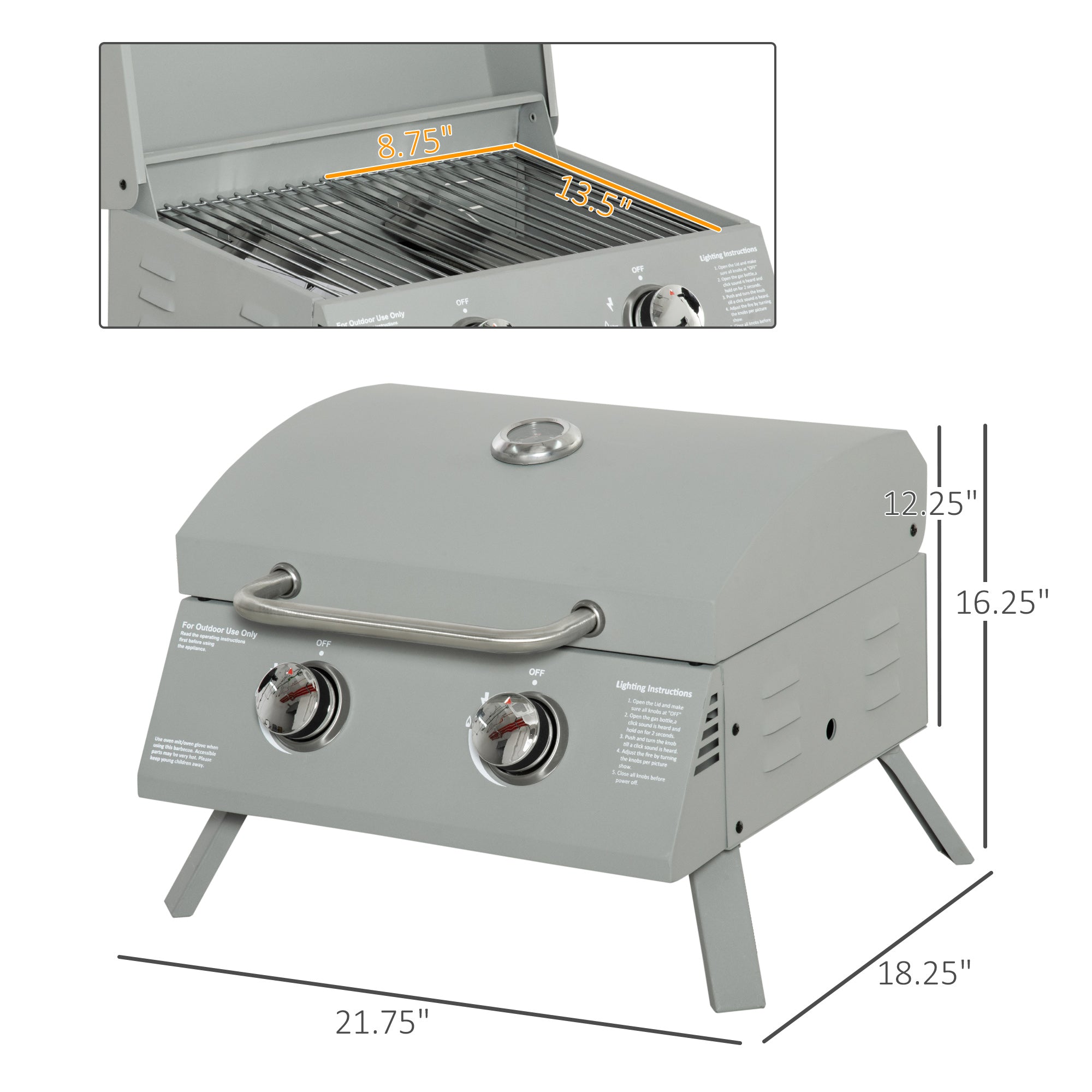 2 Burner Folding Tabletop Gas BBQ Grill w/ Lid, Thermometer, Carbon Steel, Gray
