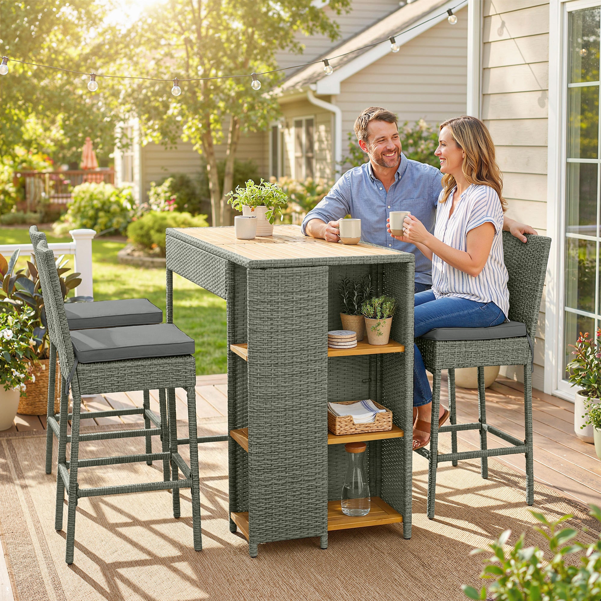 5 Piece Wicker Outdoor Bar Set, Acacia Wood Outdoor High Top Table and Chairs with 3 Tier Shelves, Cushions, Gray
