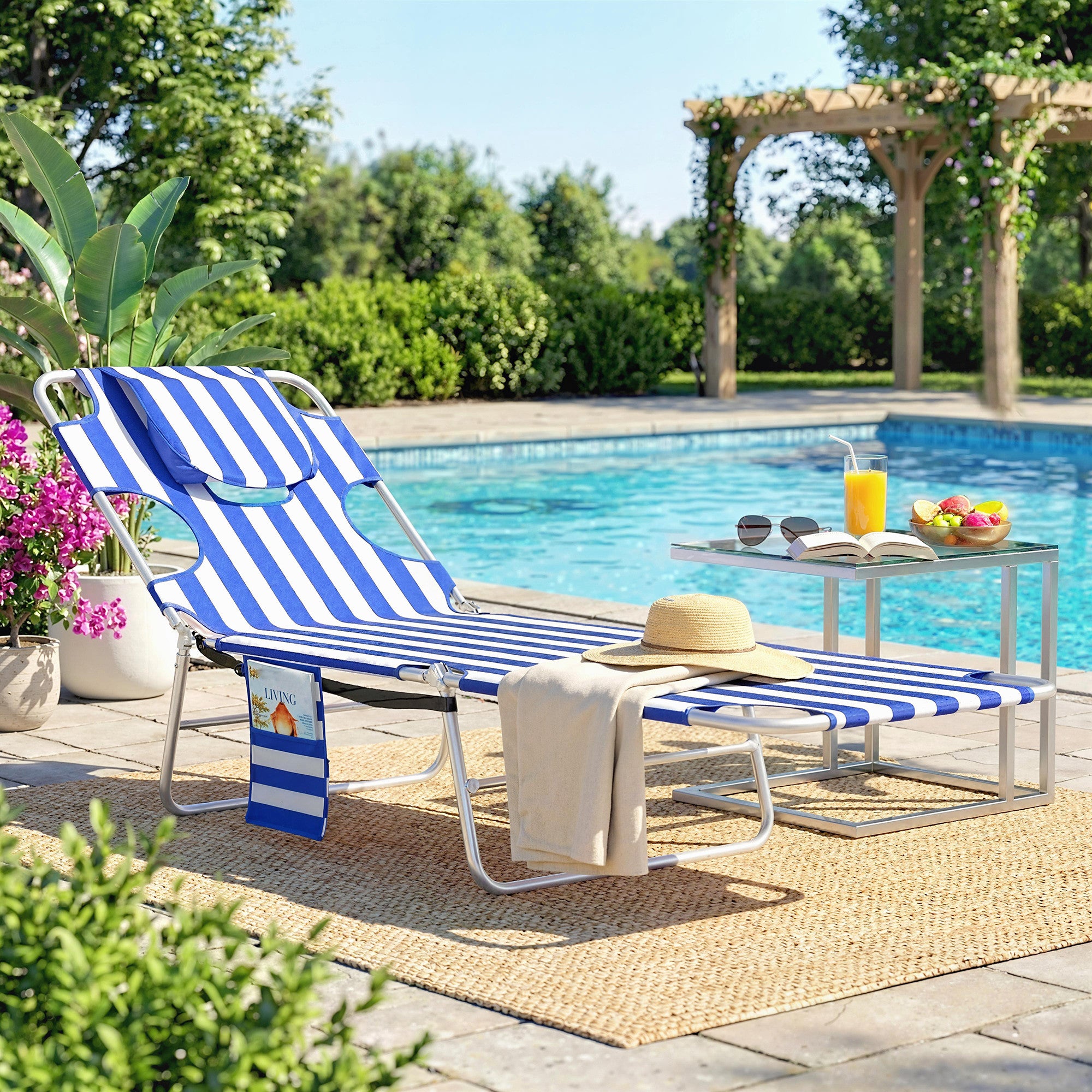 Tanning Chair with Face Hole, 5-Level Adjustable Outdoor Chaise Lounge Chair with Pillow for Beach, Pool, Blue Stripes