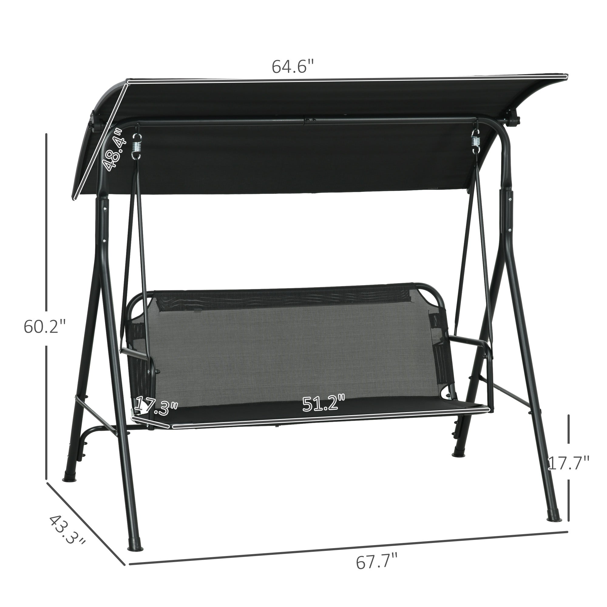 3-Seat Outdoor Patio Swing Chair w/ Cushion, Steel Frame Stand, Adjustable Tilt Canopy for Patio, Garden, Black 1