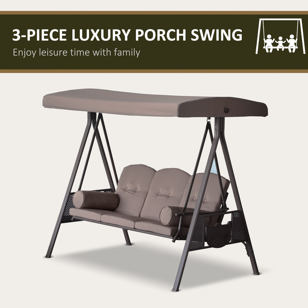 3-Seat Patio Swing Chair, Outdoor Porch Swing Glider with Adjustable Canopy, Removable Cushion, Pillows and Side Trays, for Garden, Poolside, Backyard, Brown