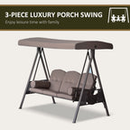 3-Seat Patio Swing Chair, Outdoor Porch Swing Glider with Adjustable Canopy, Removable Cushion, Pillows and Side Trays, for Garden, Poolside, Backyard, Brown