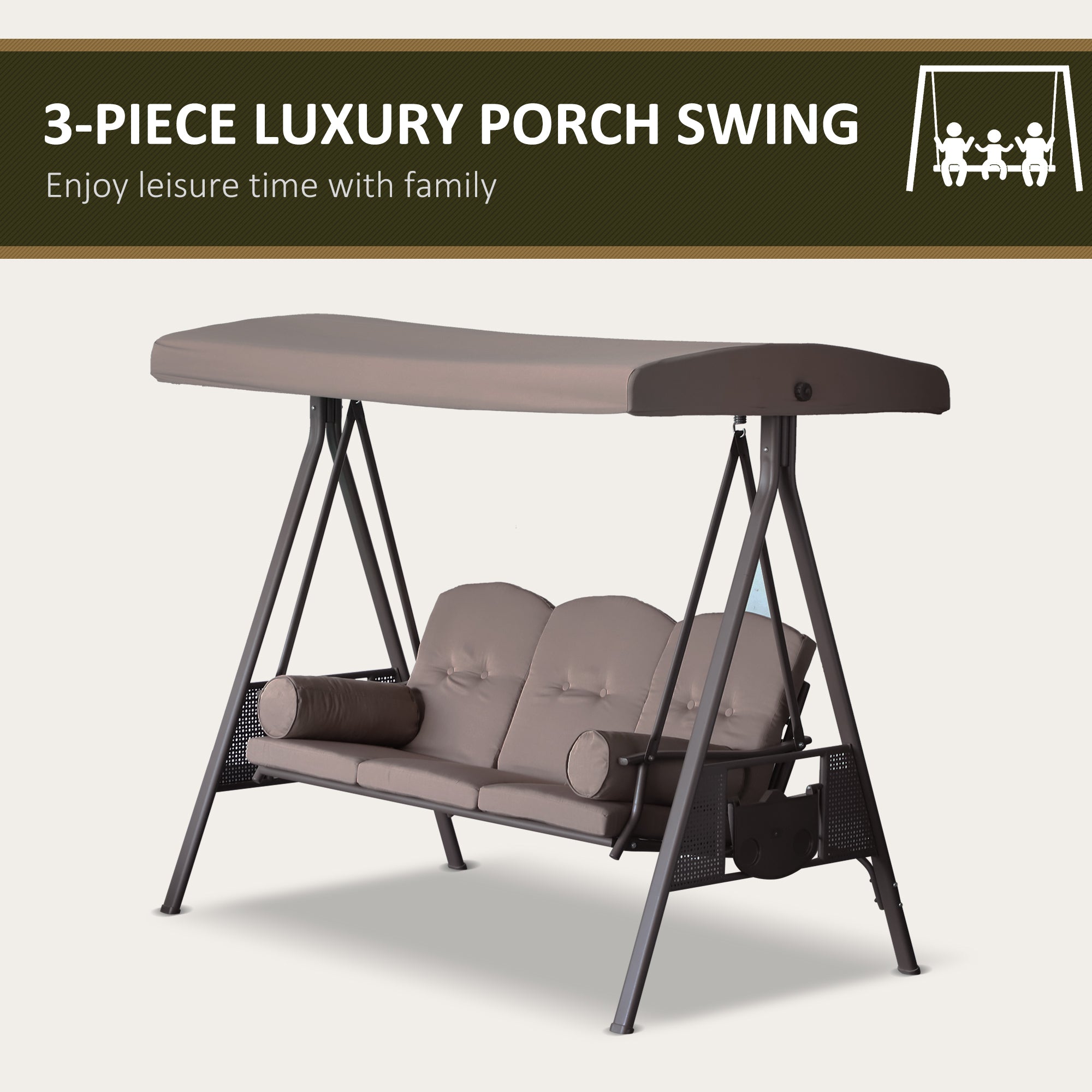 3-Seat Patio Swing Chair, Outdoor Porch Swing Glider with Adjustable Canopy, Removable Cushion, Pillows and Side Trays, for Garden, Poolside, Backyard, Brown