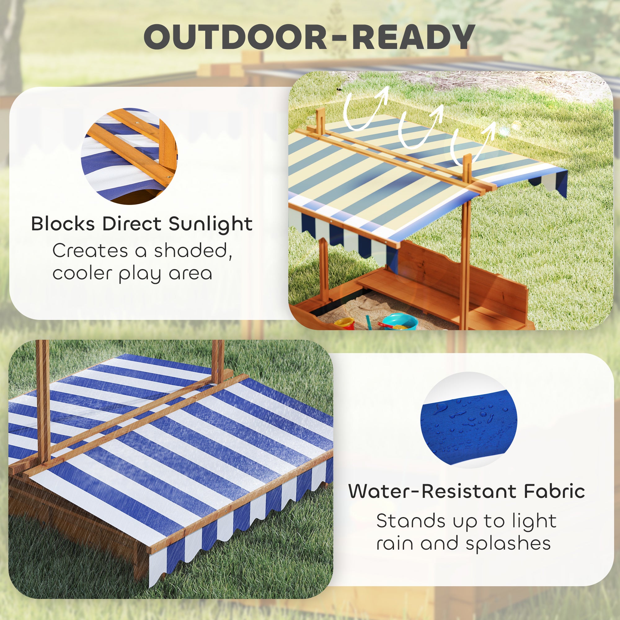 Wooden Kids Sandbox with Cover, Children Outdoor Sand Box with Foldable Bench Seats and Adjustable Canopy, Brown