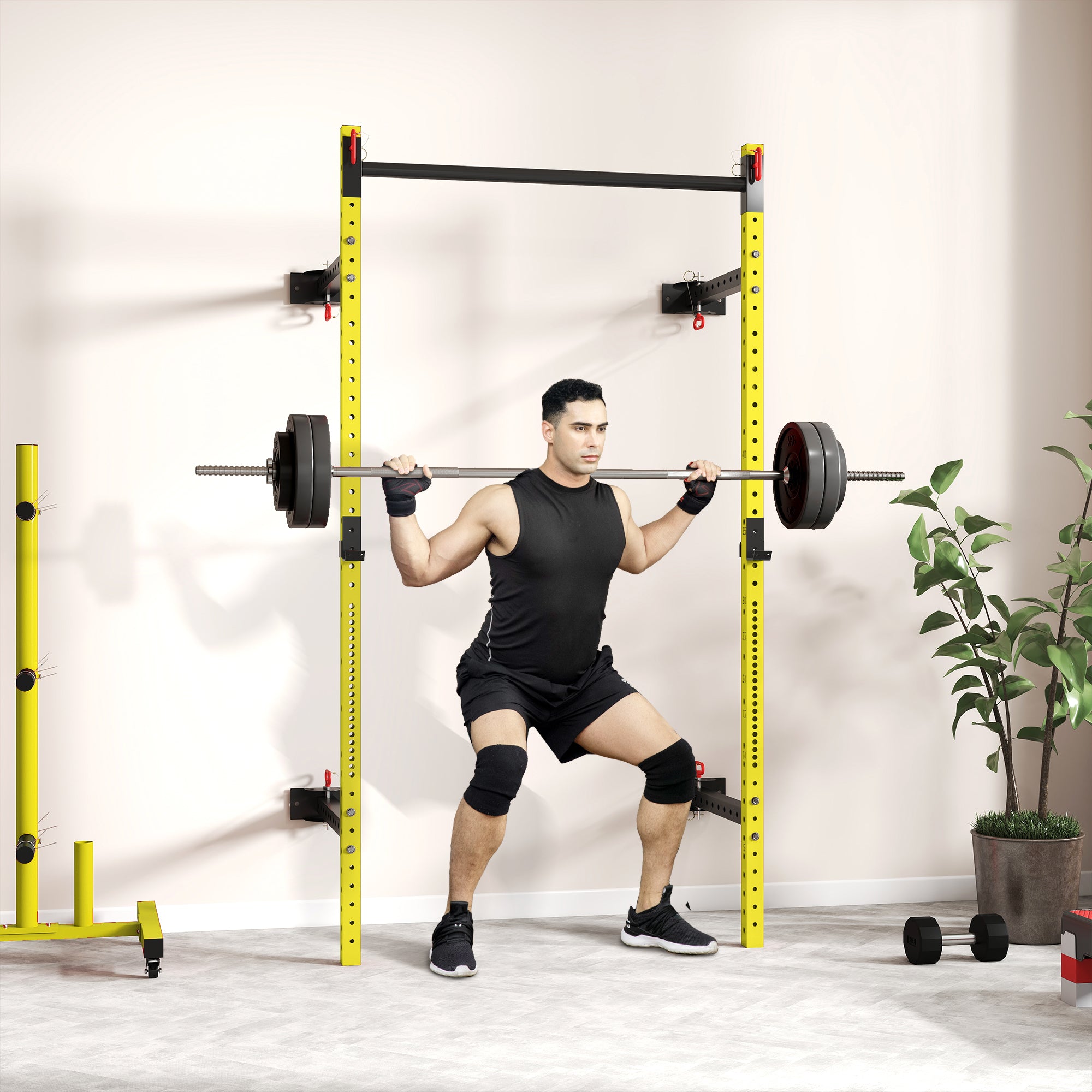 Folding Squat Rack with Pull Up Bar, Wall Mounted and Adjustable, 1000 Pounds Capacity Power Rack, Yellow