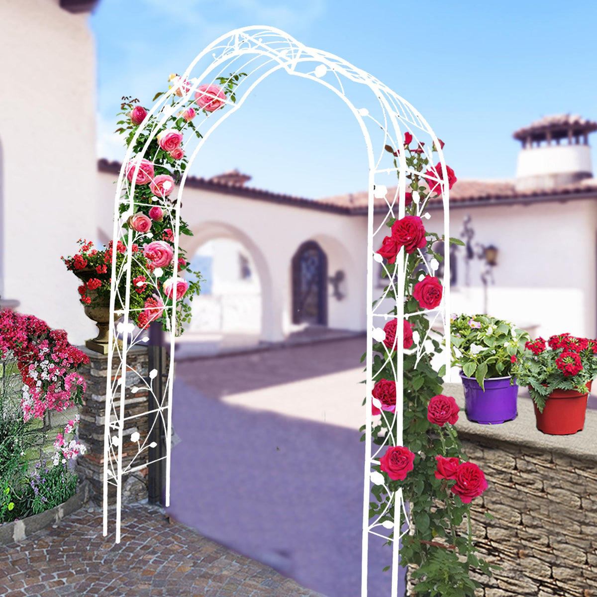 8 Styles Freely Assembled Rust-Resistant Arbor, Metal Garden Arch Trellis for Wedding, Party Archway, 59" L x 15.5" W x 98.5" H, Cream White