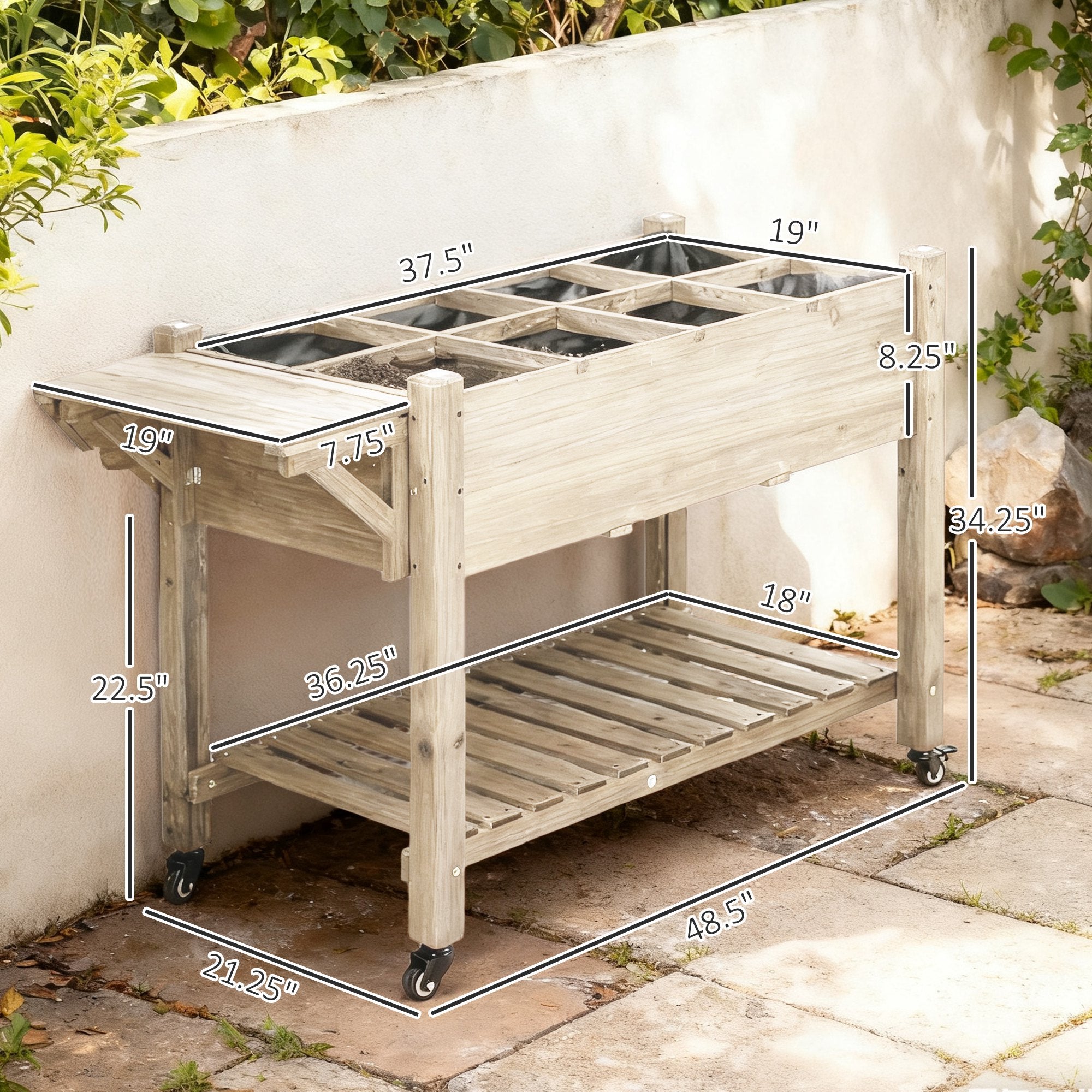 Raised Garden Bed Planter Box w/ 8 Grow Grids, Storage Shelf & Lockable Wheels