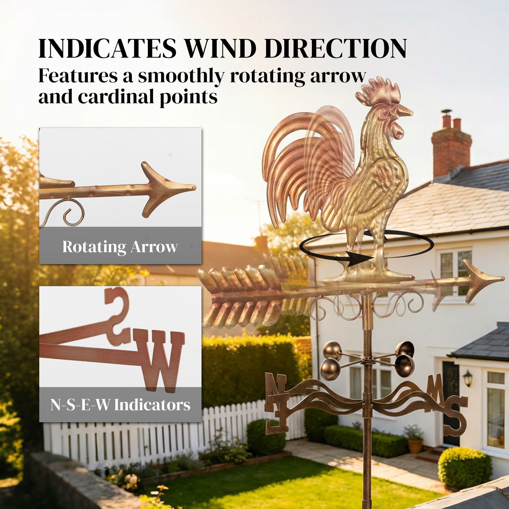 Metal Rooster Weathervane, Roof Mount Wind Direction Indicator, Outdoor Weather Vanes