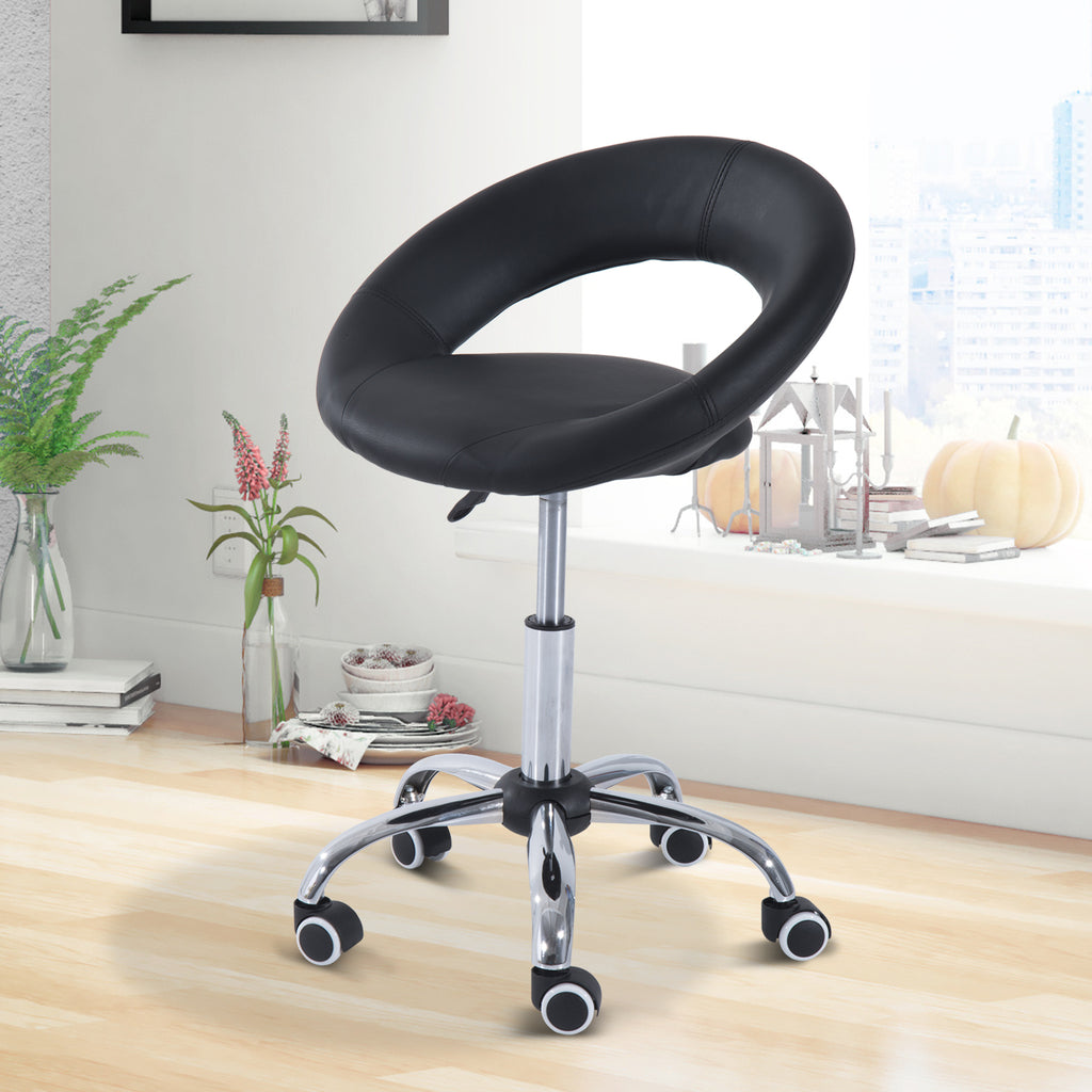 Crescent Rolling Salon Stool with Adjustable Height, Breathable Open Back, Foam Cushion Seat, and 5 Caster Wheels, Black