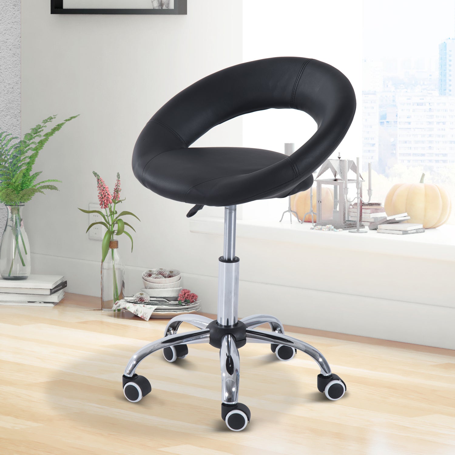 Crescent Rolling Salon Stool with Adjustable Height, Breathable Open Back, Foam Cushion Seat, and 5 Caster Wheels, Black
