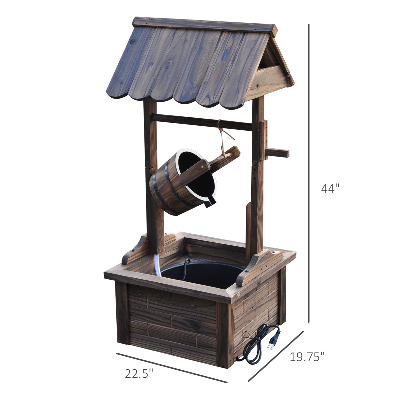 Outdoor Wooden Wishing Well Fountain with Adjustable Water Flow Rate, Rustic Waterfall Fountain, Carbonized Finish