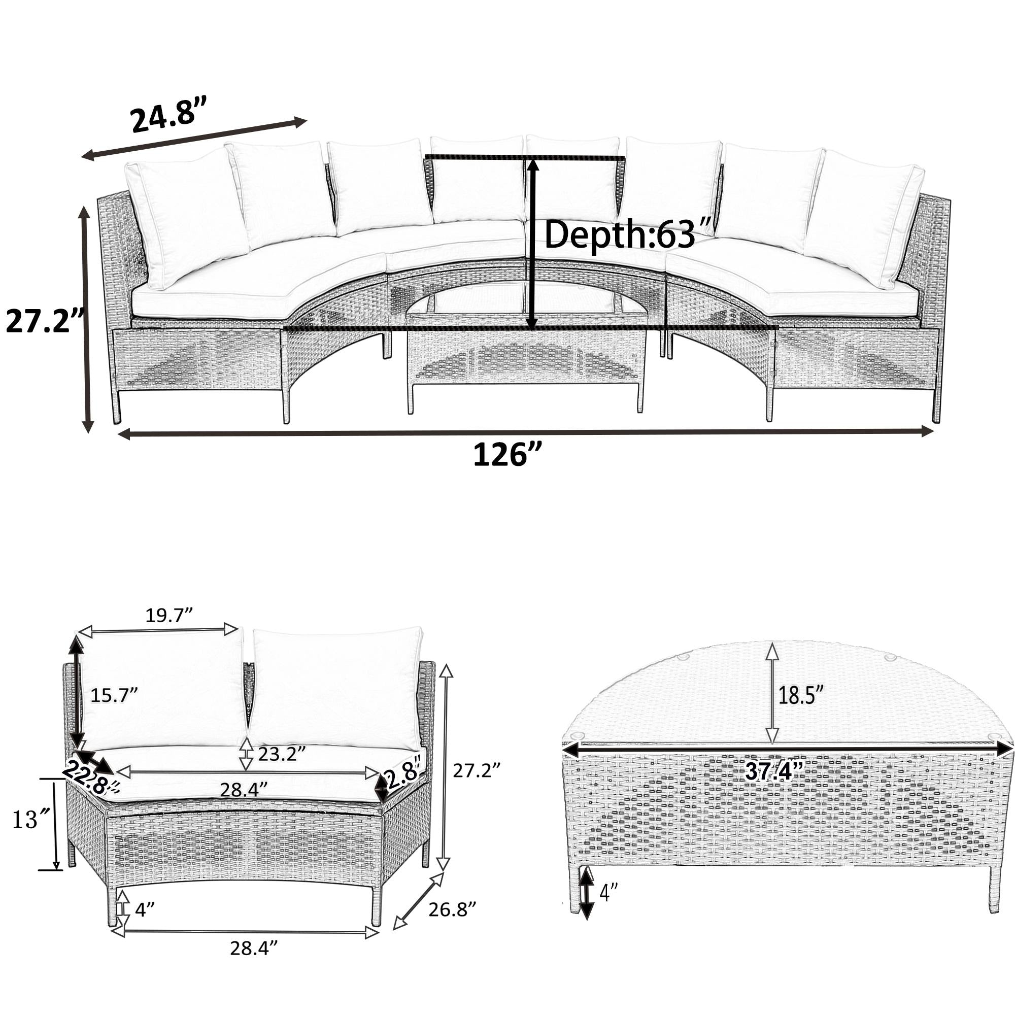 5 Piece Half-Moon Patio Sectional with Glass Table, All-Weather Wicker Sofa with Thick Cushions, 47.5" L x 27" W x 27" H, Grey