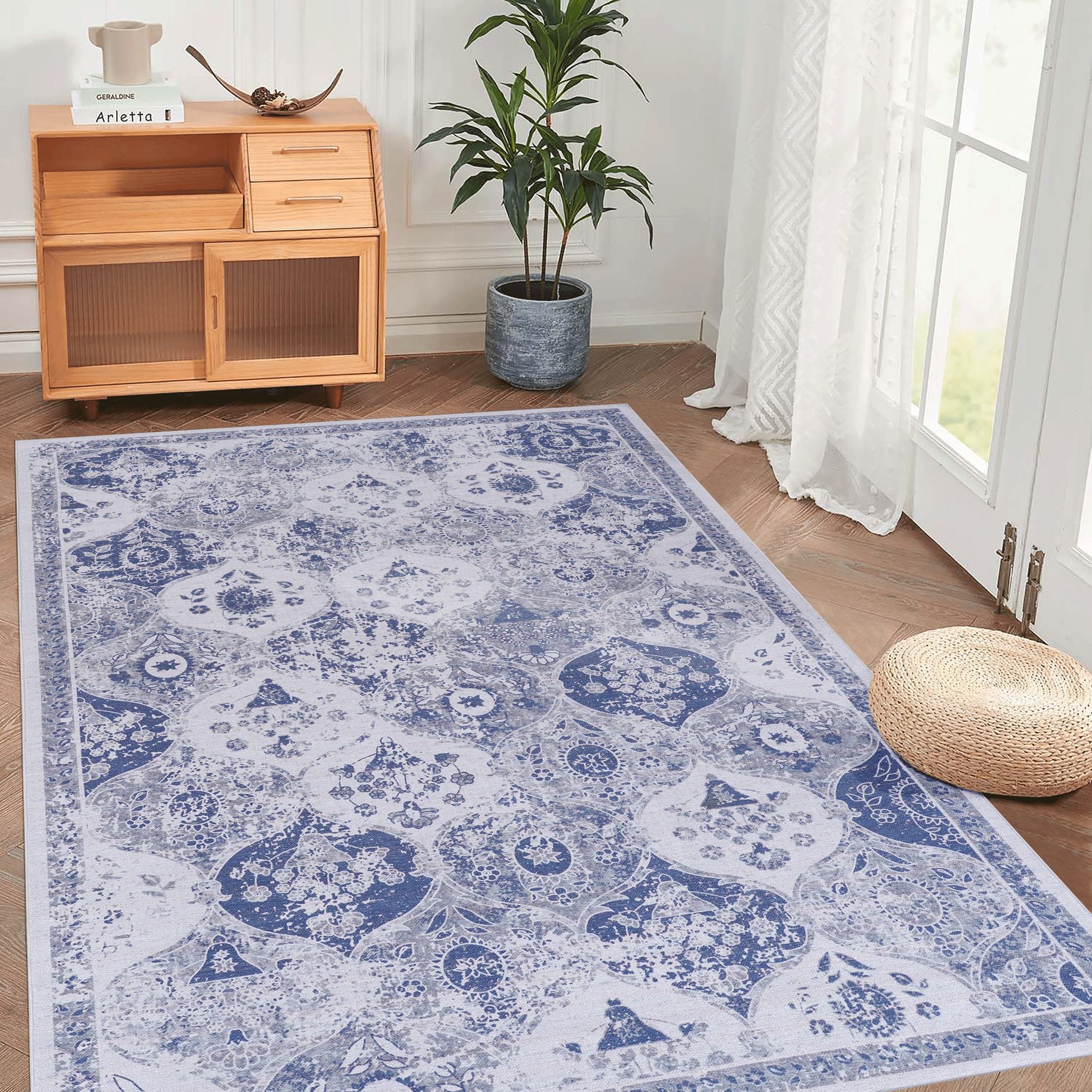 5x8 Washable Kid and Pet Friendly Area Rug, Low-Pile Non-Slip Non-Shedding Rug Blanket, for Living Room, Bedroom, Kitchen, Blue
