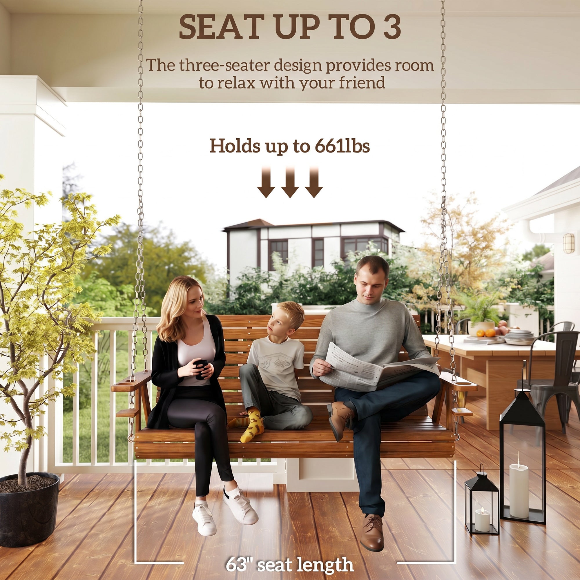 3-Seater Swing Bench, Wooden Porch Swing with Cupholders, Hanging Chains for Patio Garden, Carbonized