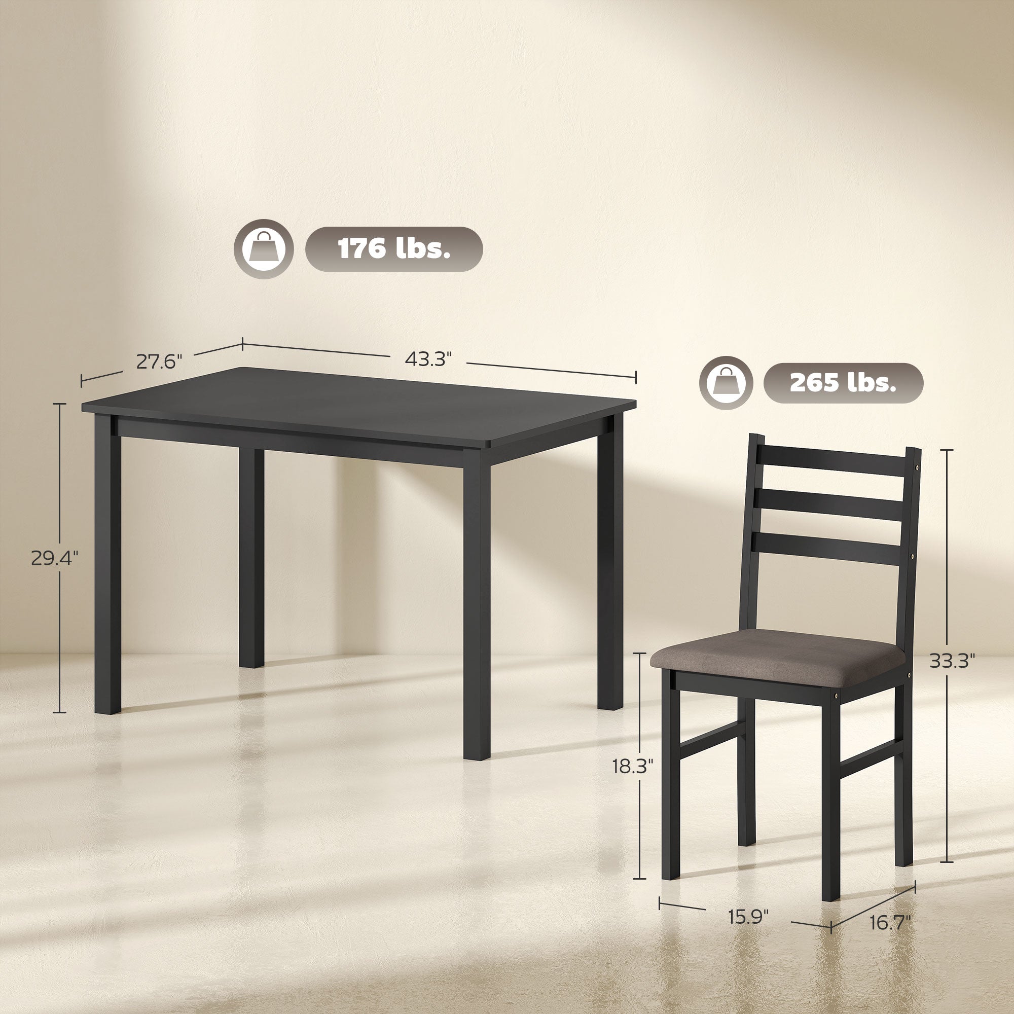5-Piece Small Kitchen Table Set for 4, Farmhouse Dining Table Set with Upholstered Chairs and Rubber Wood Legs, Black