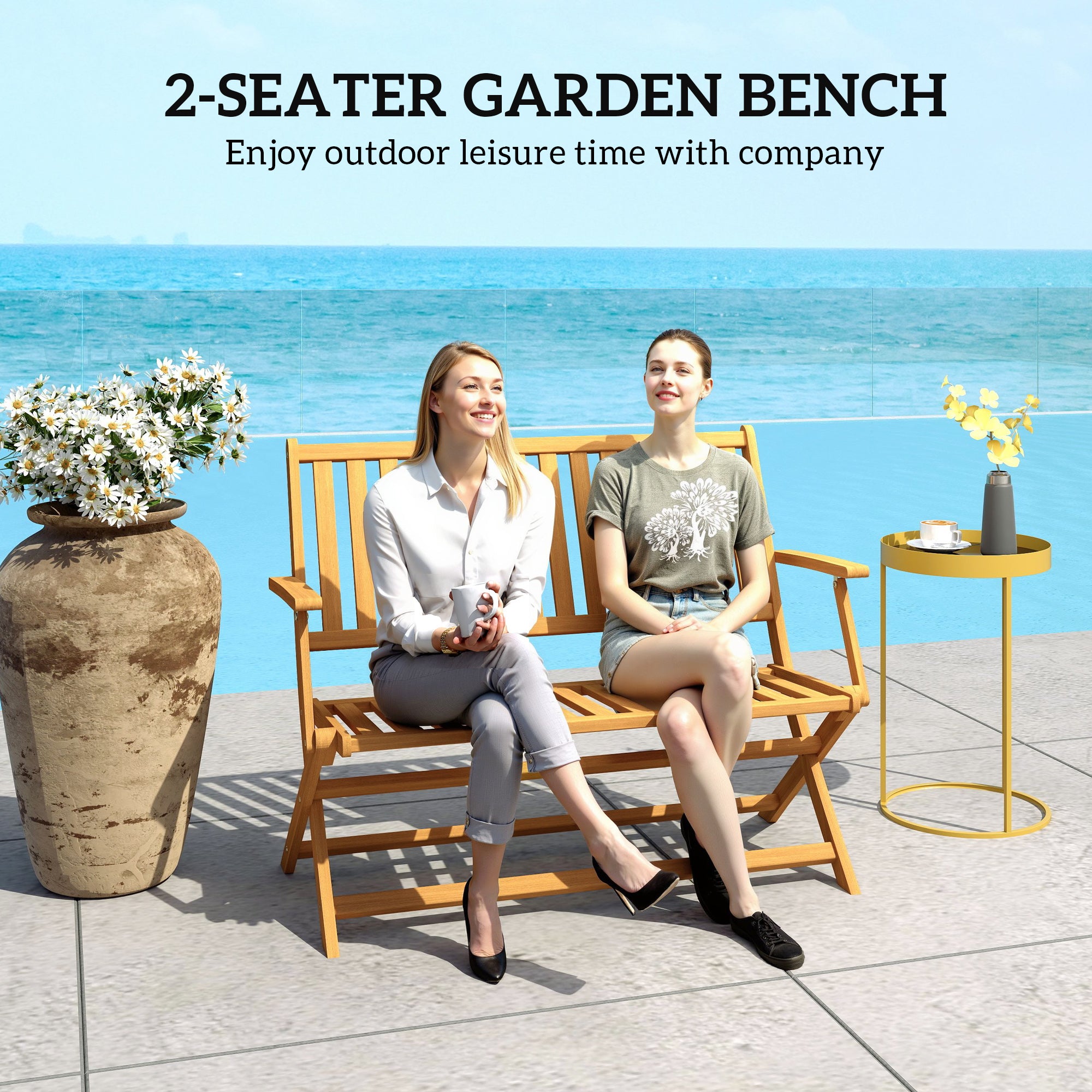2-Person Foldable Wood Outdoor Bench with Backrest and Armrests for Garden, Porch, Park, Balcony, Teak