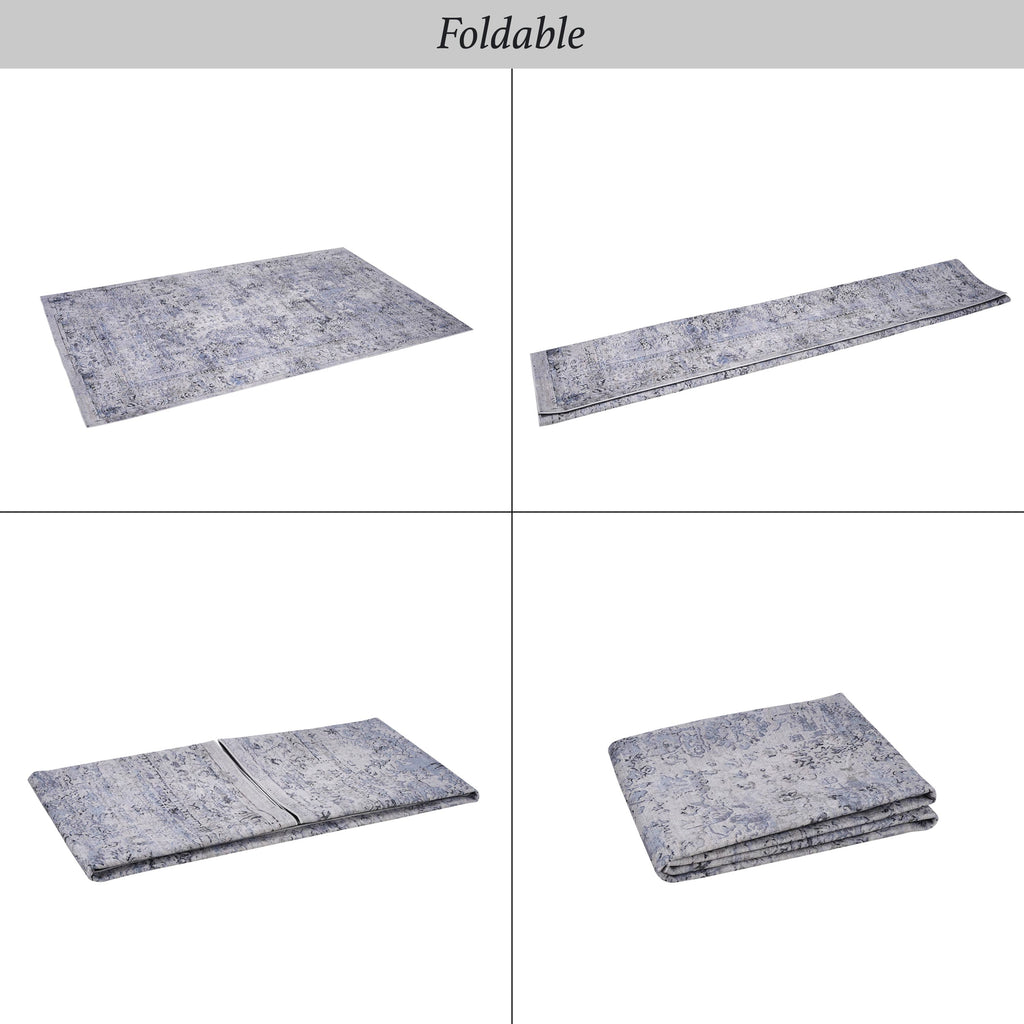 8x10 Foldable Low-Pile Non-Slip Non-Shedding Area Rug, Machine Washable, Kid and Pet Friendly, Carpet for Living Room, Kitchen, Blue+Cream