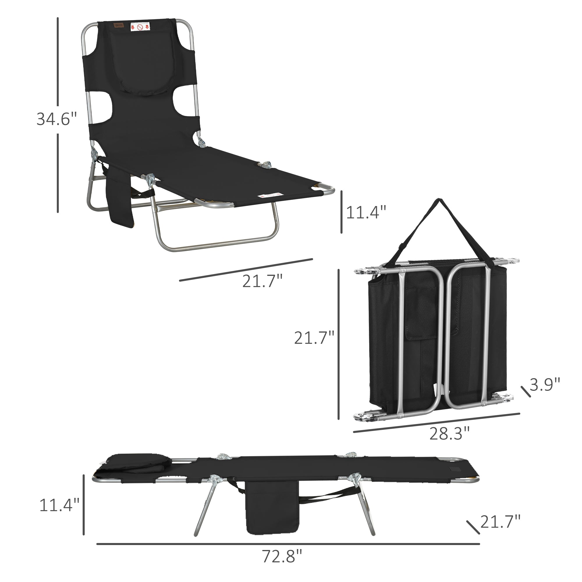 Tanning Chair with Face Hole, 5-Level Adjustable Outdoor Chaise Lounge Chair with Pillow for Beach, Pool, Black