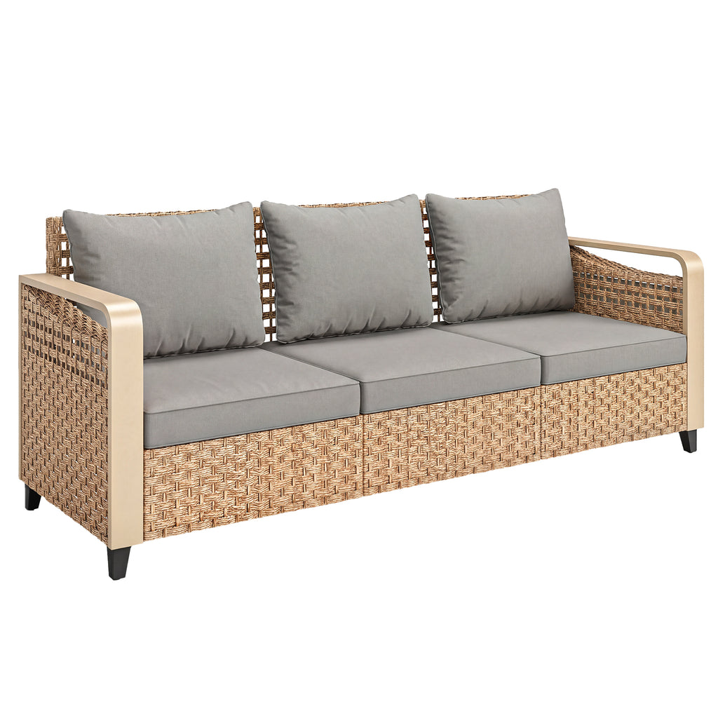 Rattan Wicker Sofa 3-Seater Outdoor Patio Sofa with Cushions for Garden Backyard Porch Gray