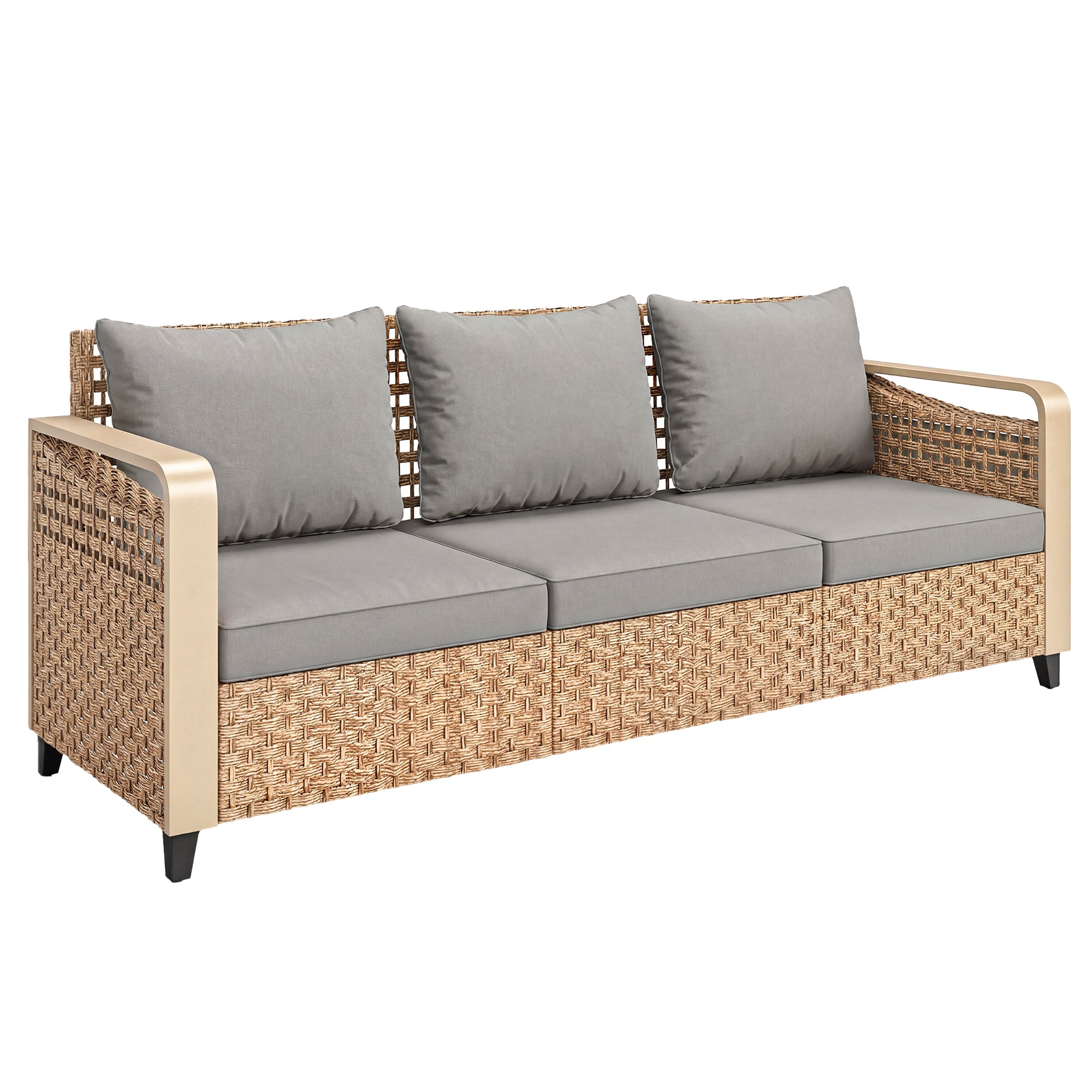Rattan Wicker Sofa 3-Seater Outdoor Patio Sofa with Cushions for Garden Backyard Porch Gray
