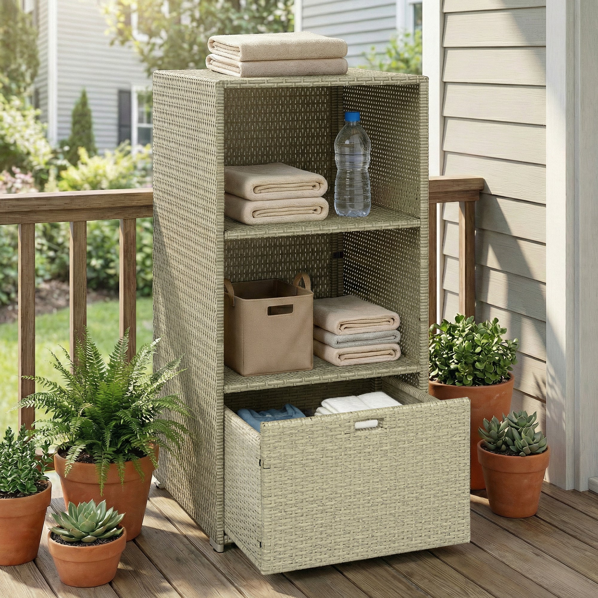 Valet Pool Towel Rack, Water-Resistant PE Plastic Rattan Wicker Storage Organizer, 2 Shelves, 1 Basket Drawer