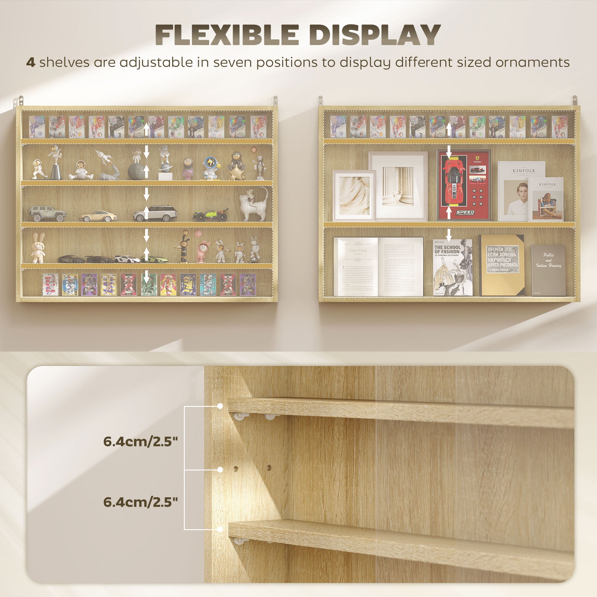 5-Tier Display Cabinet, Wall-Mounted Display Case with 2 Glass Doors and Adjustable Shelves, Oak