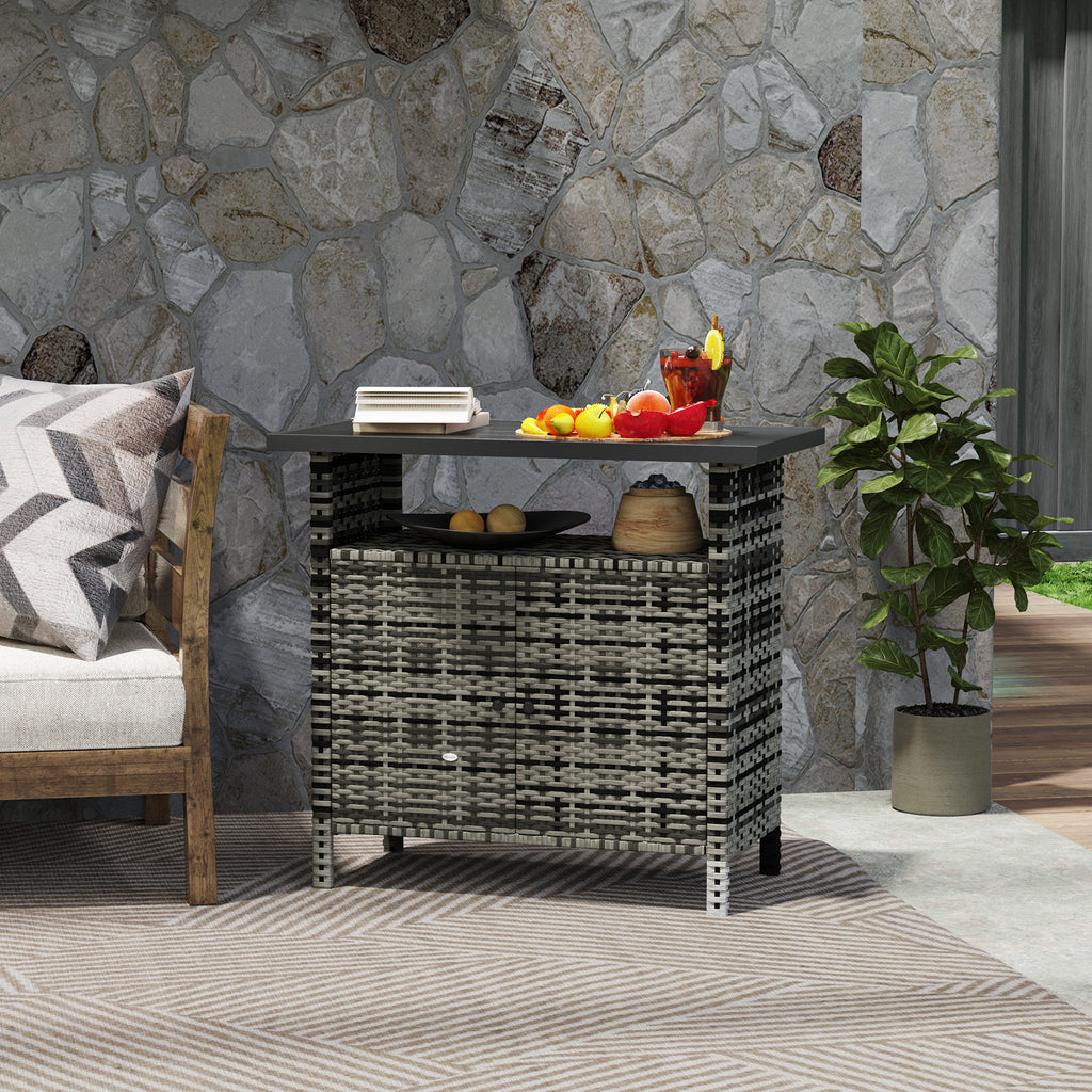 Wicker Outdoor Storage Cabinet with Two Doors and Shelf for Outdoor Pool Towel Storage, Mixed Gray