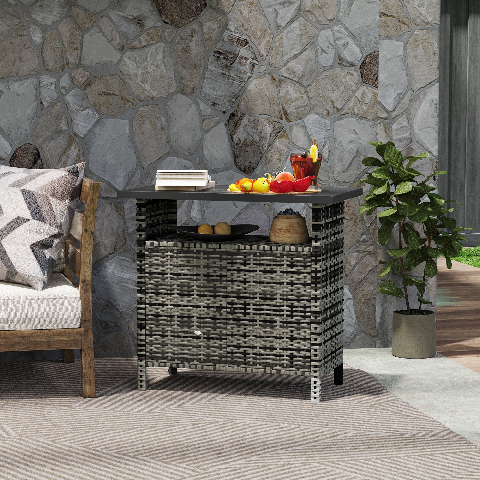 Wicker Outdoor Storage Cabinet with Two Doors and Shelf for Outdoor Pool Towel Storage, Mixed Gray