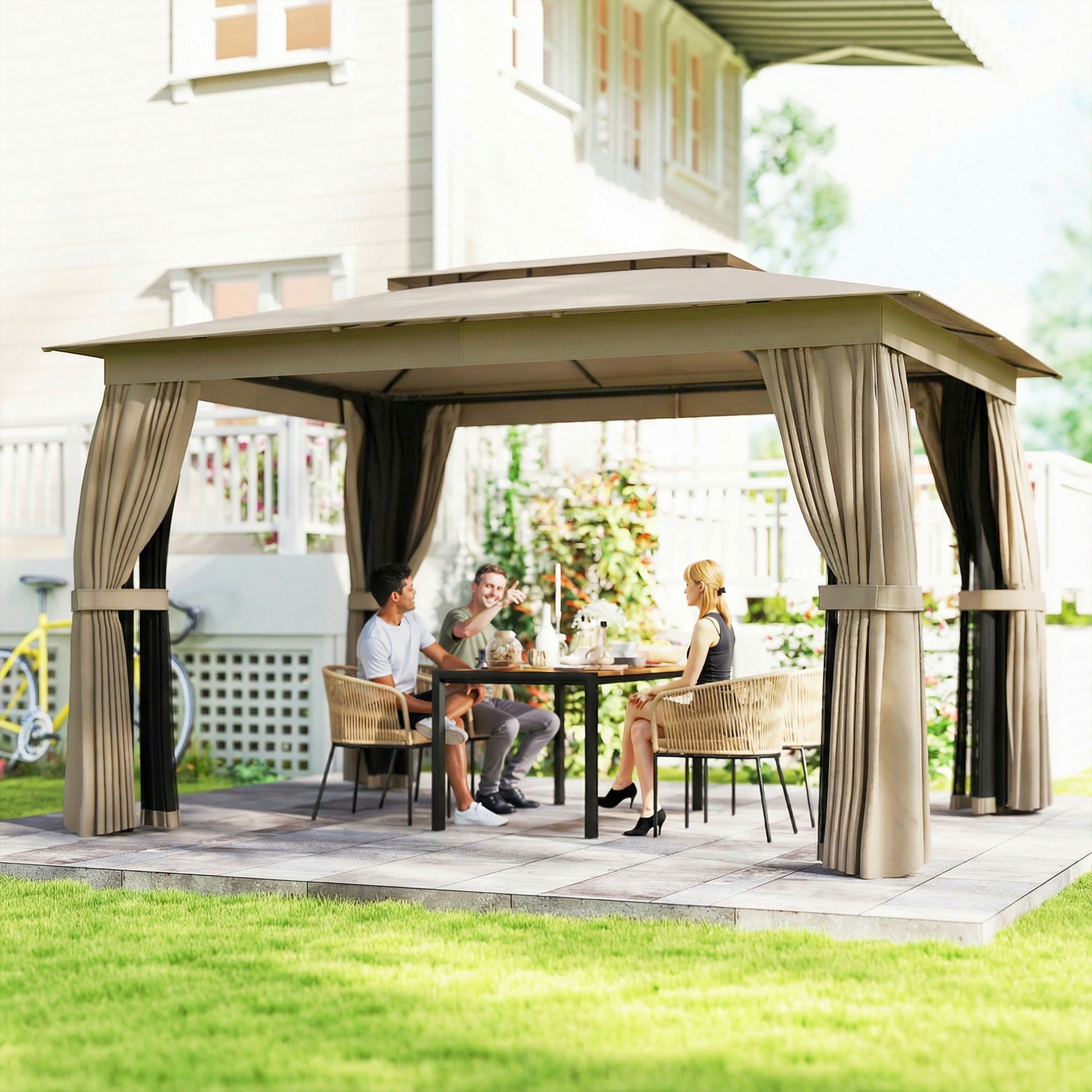10' x 12' Outdoor Patio Gazebo, Soft Top Gazebo Canopy Shelter with Curtains, Netting, Steel Frame, Hooks, Khaki