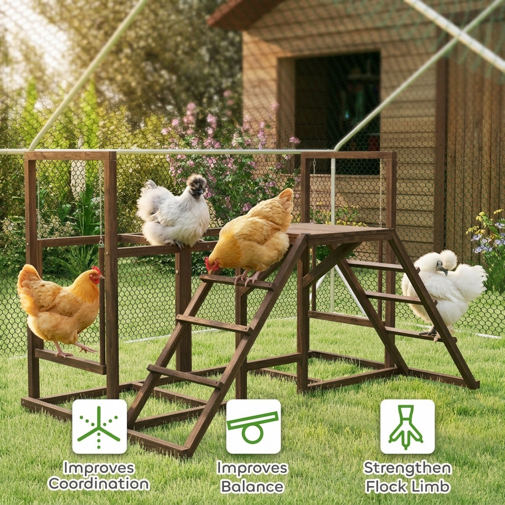 Chicken Activity Play Set with Multiple Chicken Perches, Swing, Ladder, Platform for 3-4 Chickens, Coffee