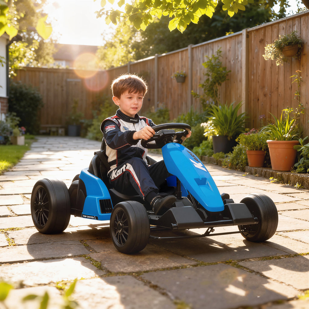 24V Electric Go Kart with Dual 150W Motors, Adjustable Seat & 11.2MPH High Speed, Slow Start, 5-Point Harness, Blue
