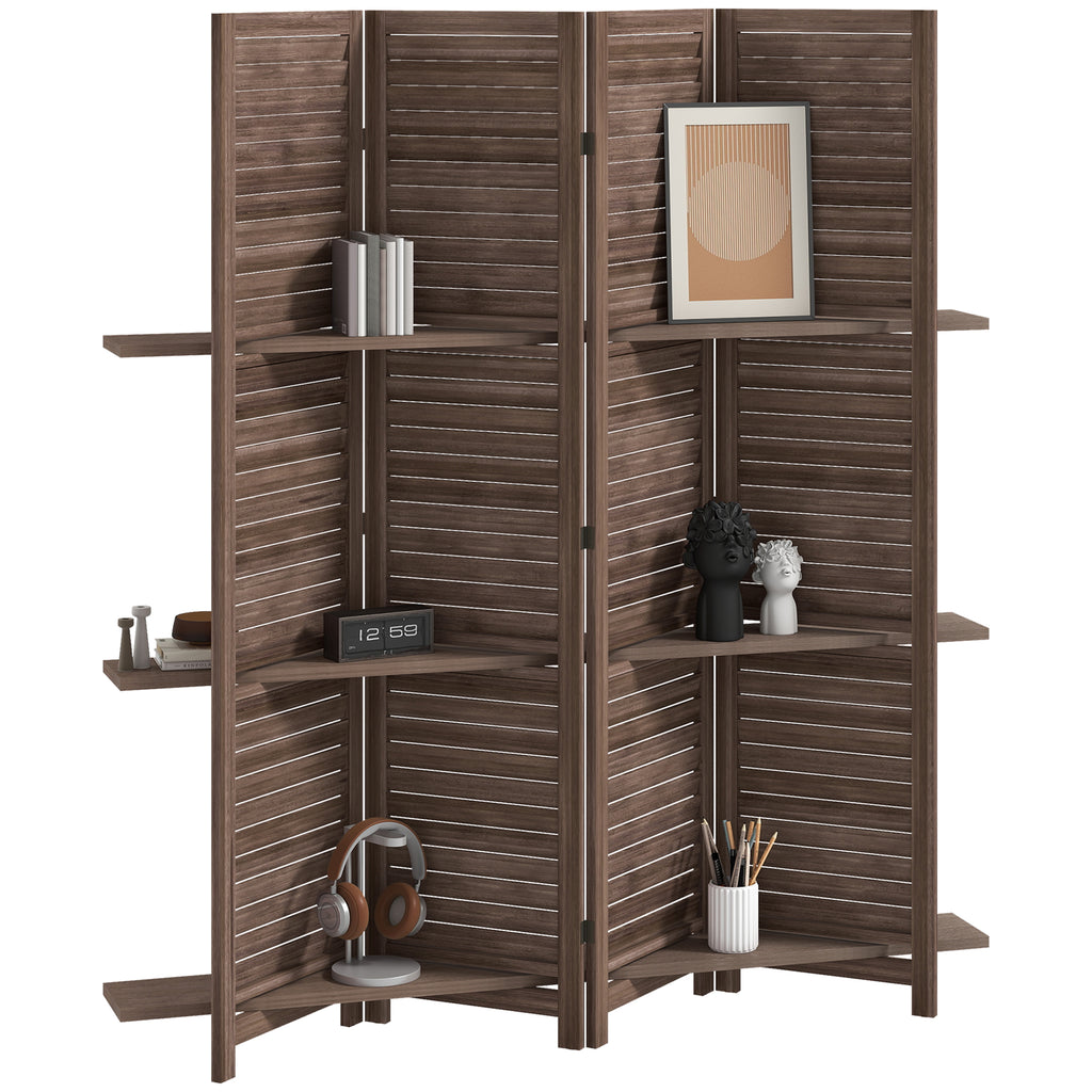 4 Panel 67" Tall Wood Privacy Screen Room Divider with 3 Shelves and Folding Storage for Bedroom, Walnut