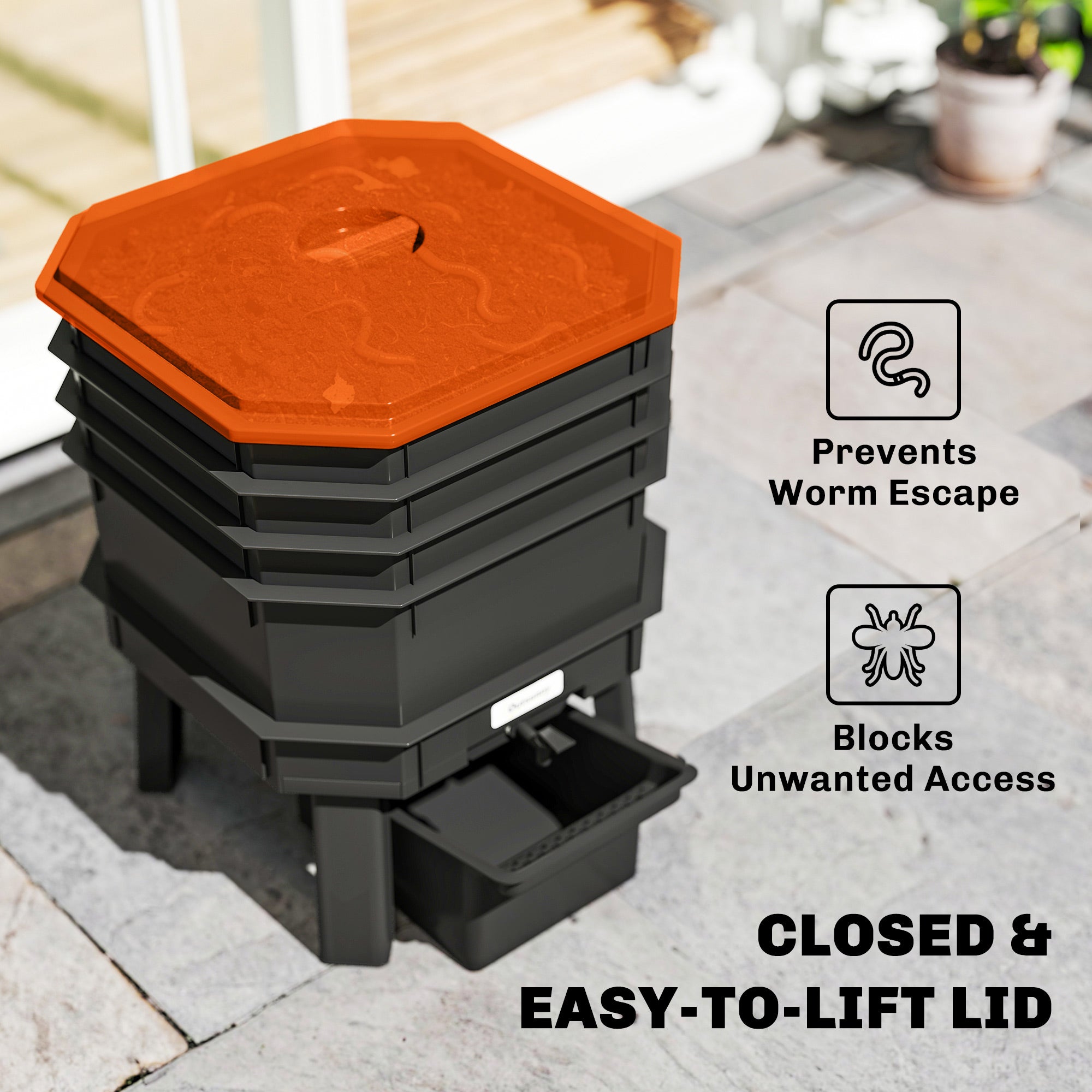 4-Tray Worm Composter Bin, 7.4 Gal Outdoor & Indoor Worm Composter for Recycling Food Waste, Orange