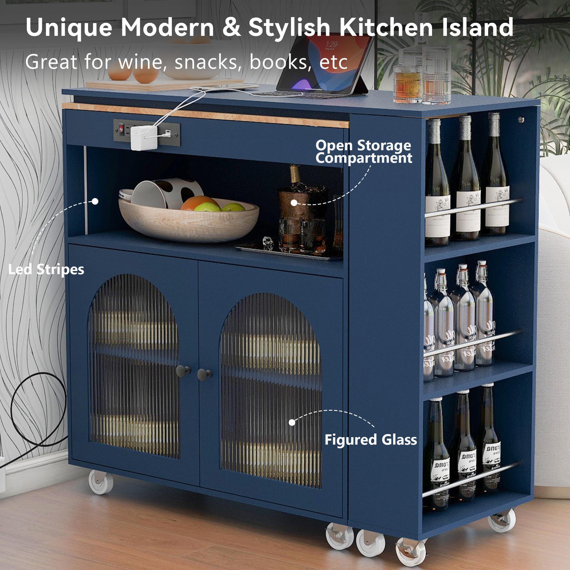 LED Kitchen Island with Extended Table, Power Outlets, Storage Shelves, Utility Cart with Fluted Glass Doors, 56.5" L x 33" W x 38" H, Navy Blue