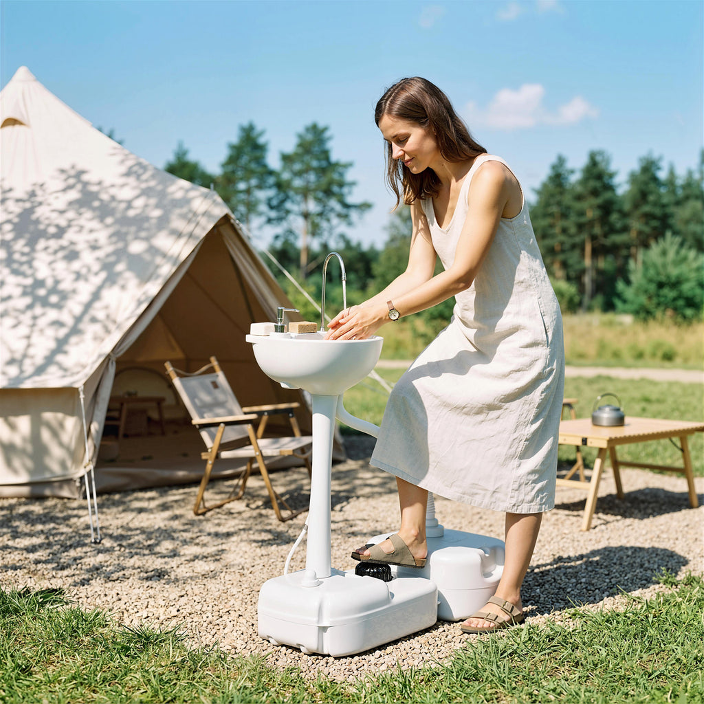 Portable Camping Sink, HDPE Handwashing Station Basin with 4.5 Gal Tank, 6.3 Gal Recovery Tank, Wheels & Soap Dispenser