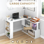 L Shaped Desk, Corner Computer Desk, 360 Degree Rotating Home Office Desk with Storage Shelves, Writing Table Workstation, White