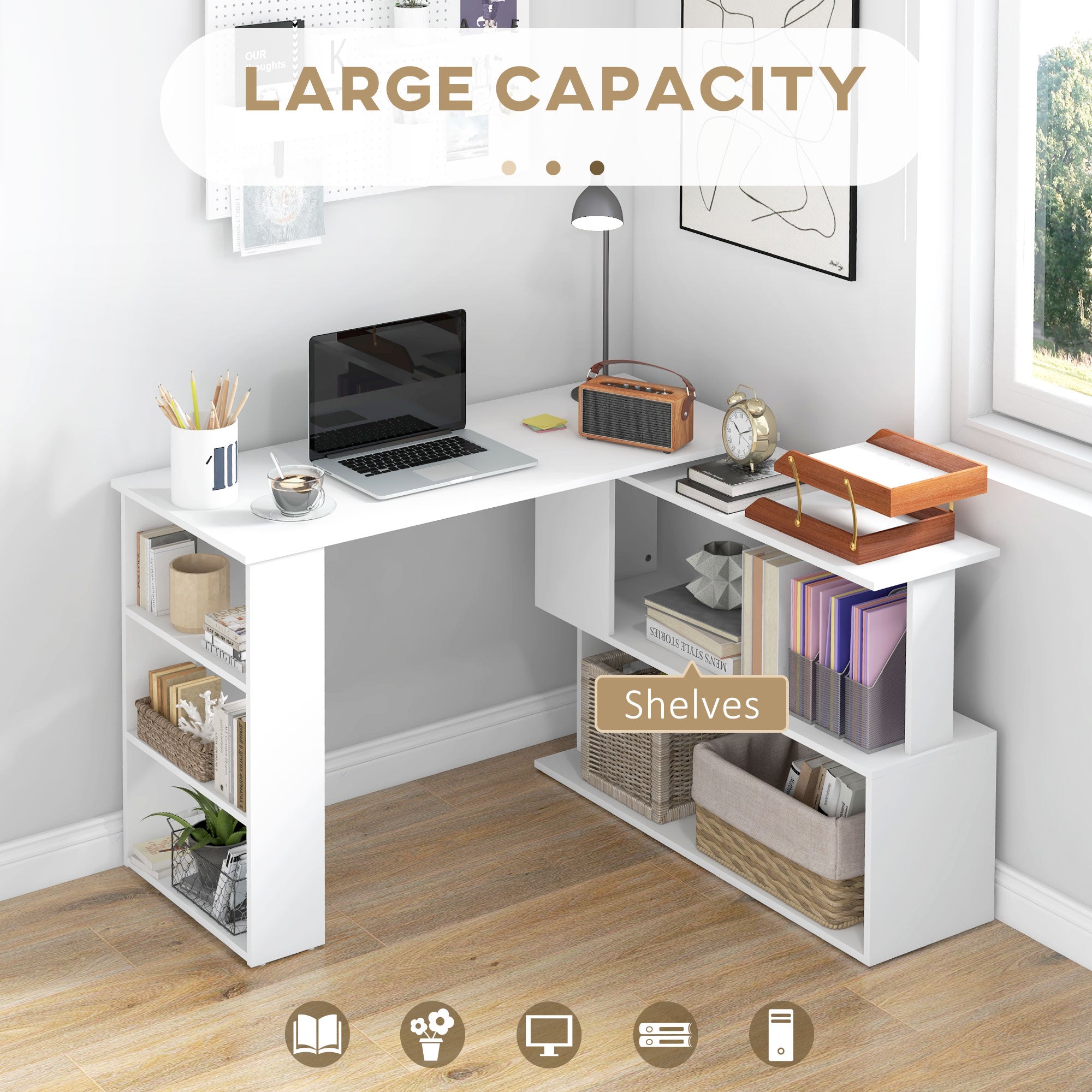 L Shaped Desk, Corner Computer Desk, 360 Degree Rotating Home Office Desk with Storage Shelves, Writing Table Workstation, White