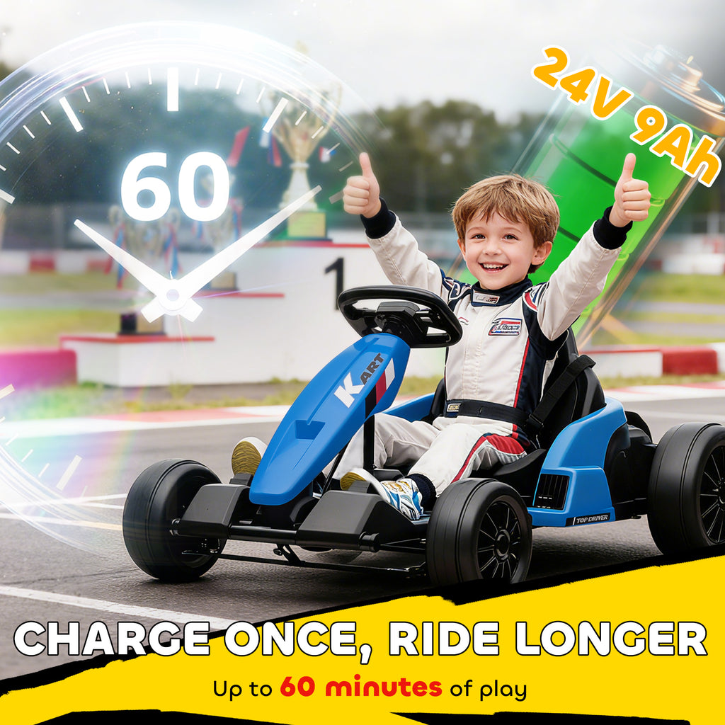 24V Electric Go Kart with Dual 150W Motors, Adjustable Seat & 11.2MPH High Speed, Slow Start, 5-Point Harness, Blue