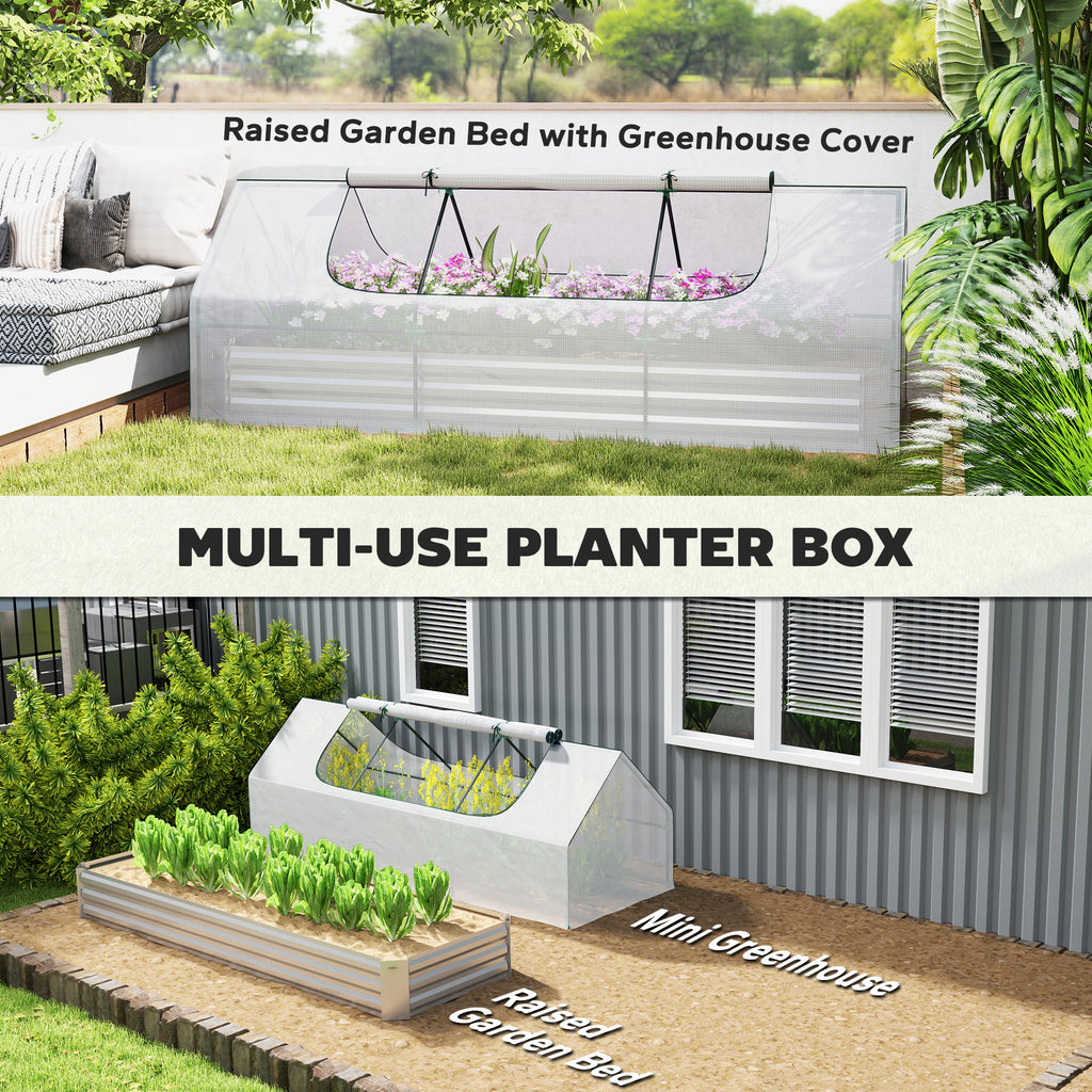 8.6 x 3 x 1ft Metal Planter Box with Mini Greenhouse, Galvanized Raised Garden Bed with Cover for Herbs and Vegetables, Small Greenhouse for Patio Garden Balcony, White and Silver