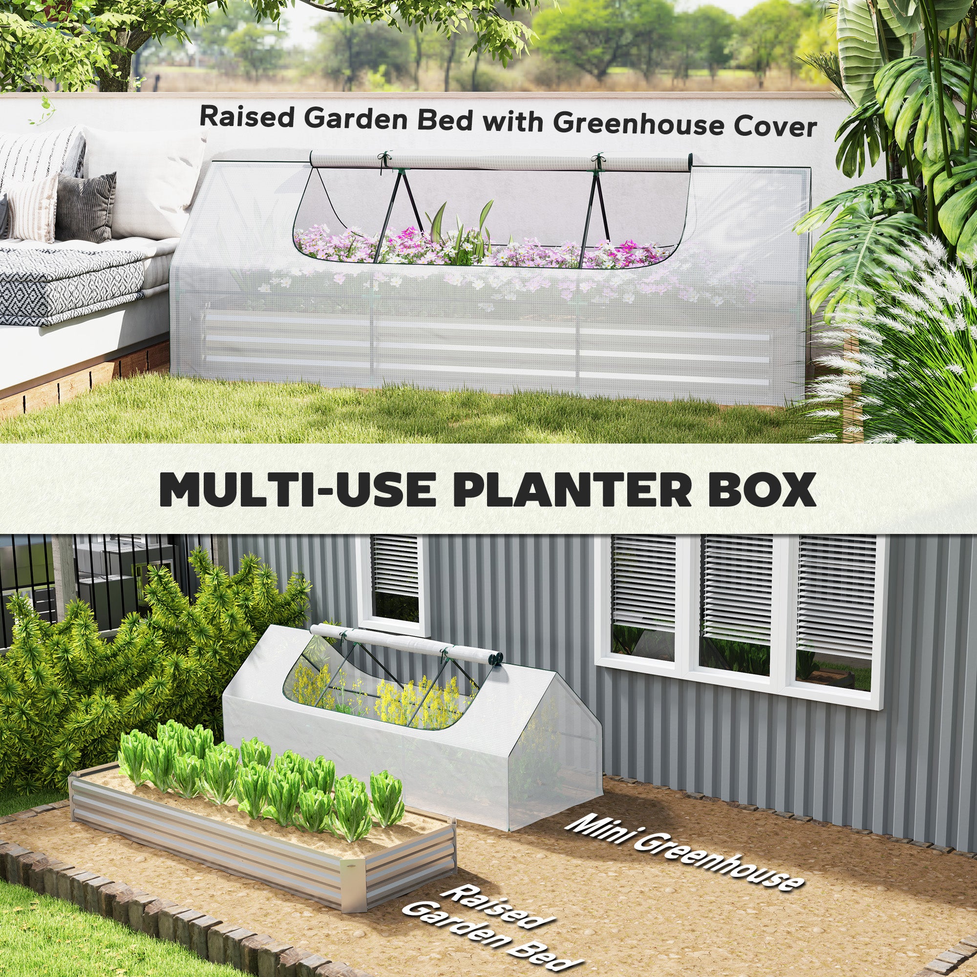 8.6 x 3 x 1ft Metal Planter Box with Mini Greenhouse, Galvanized Raised Garden Bed with Cover for Herbs and Vegetables, Small Greenhouse for Patio Garden Balcony, White and Silver