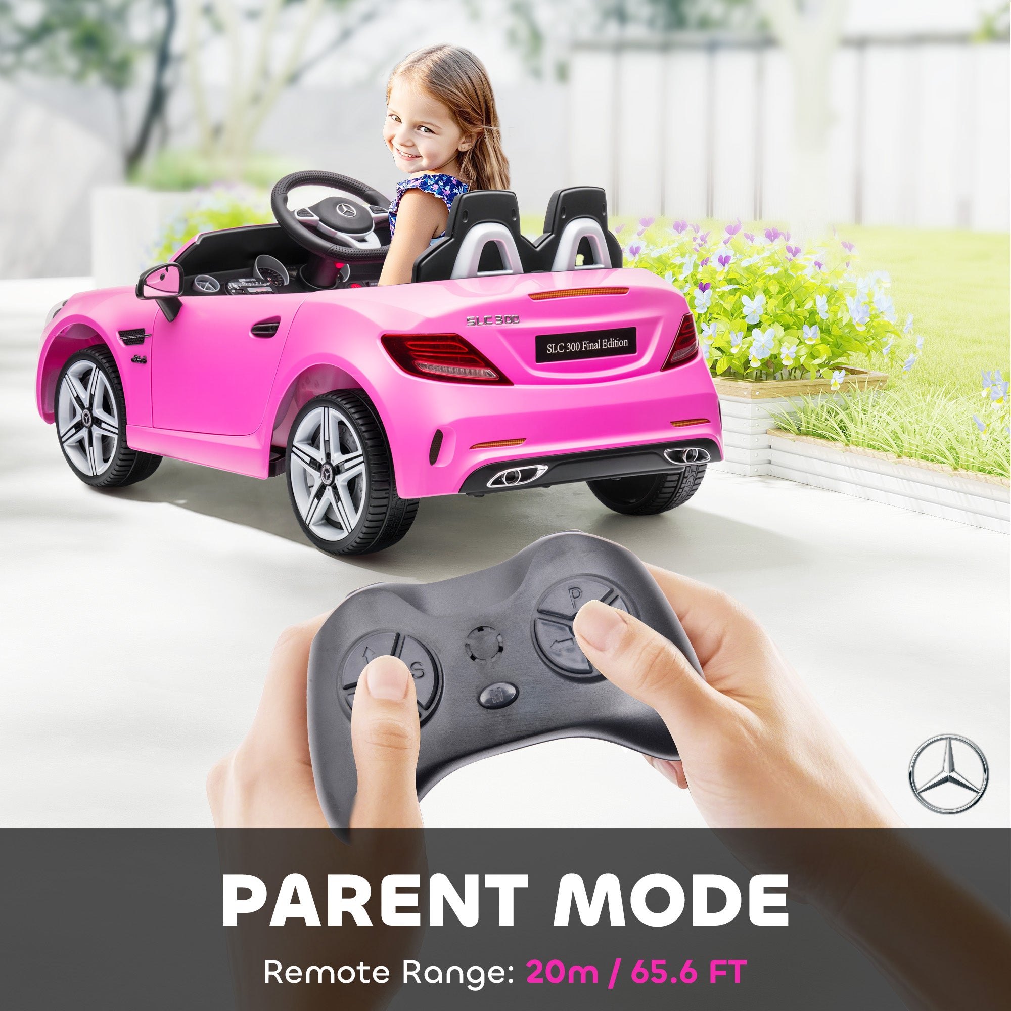 SLC 300 Licensed 12V Ride On Car for Kids with Remote Control, 2 Speeds, Battery Powered Kids Electric Car with Music, Lights, Suspension for 3-6 Years Old, Pink