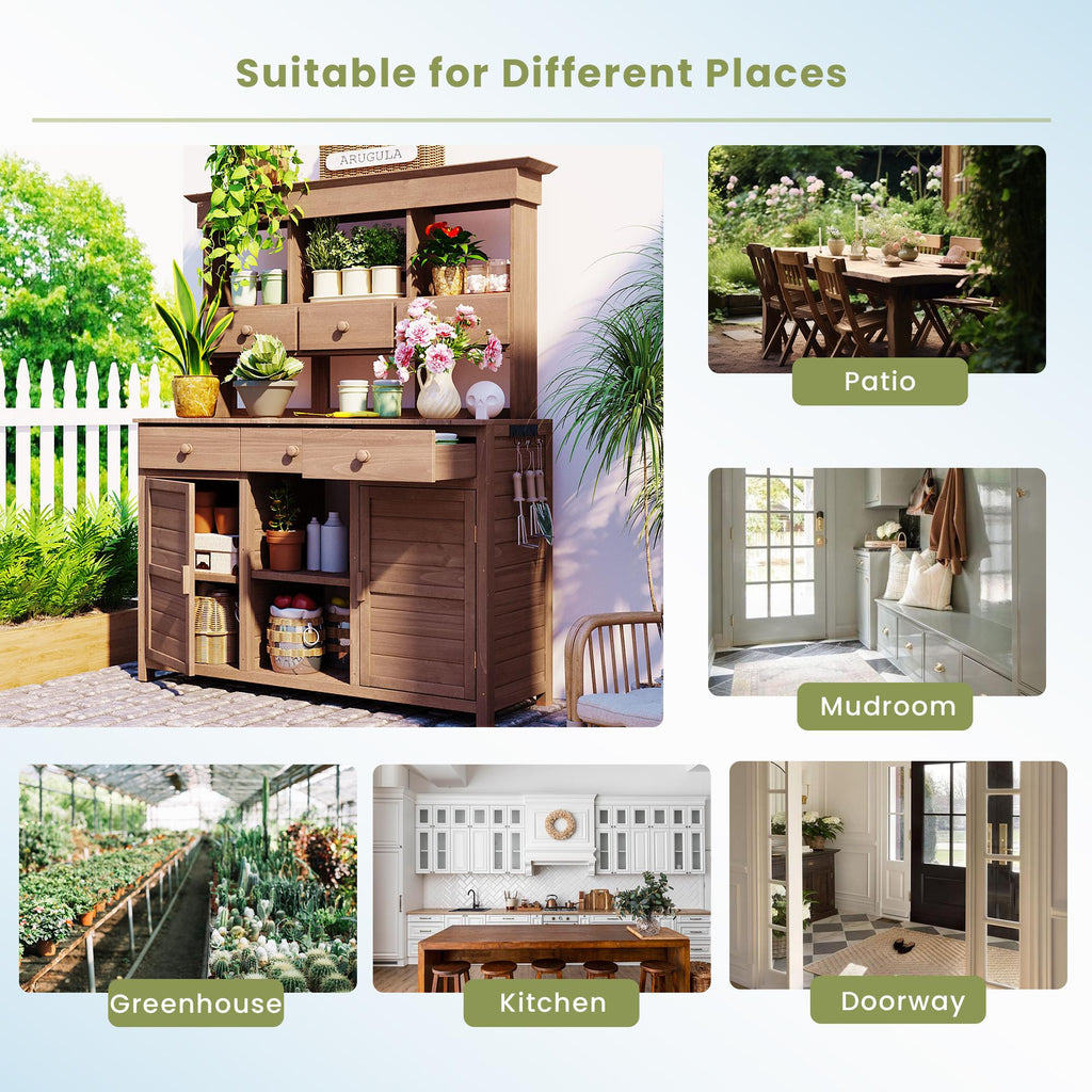 Tall Garden Potting Bench with Hutch & 6 Drawer, Wood Storage Workstation with 3 Shelf & 2 Cabinet, 50'' L x 20.5'' W x 65.5'' H, Brown