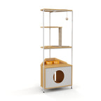 Corner Multi-Level Cat Tower and Condo with Scratching Post, Feeding Station, 25" L x 16" W x 58.5" H, White+Light Oak