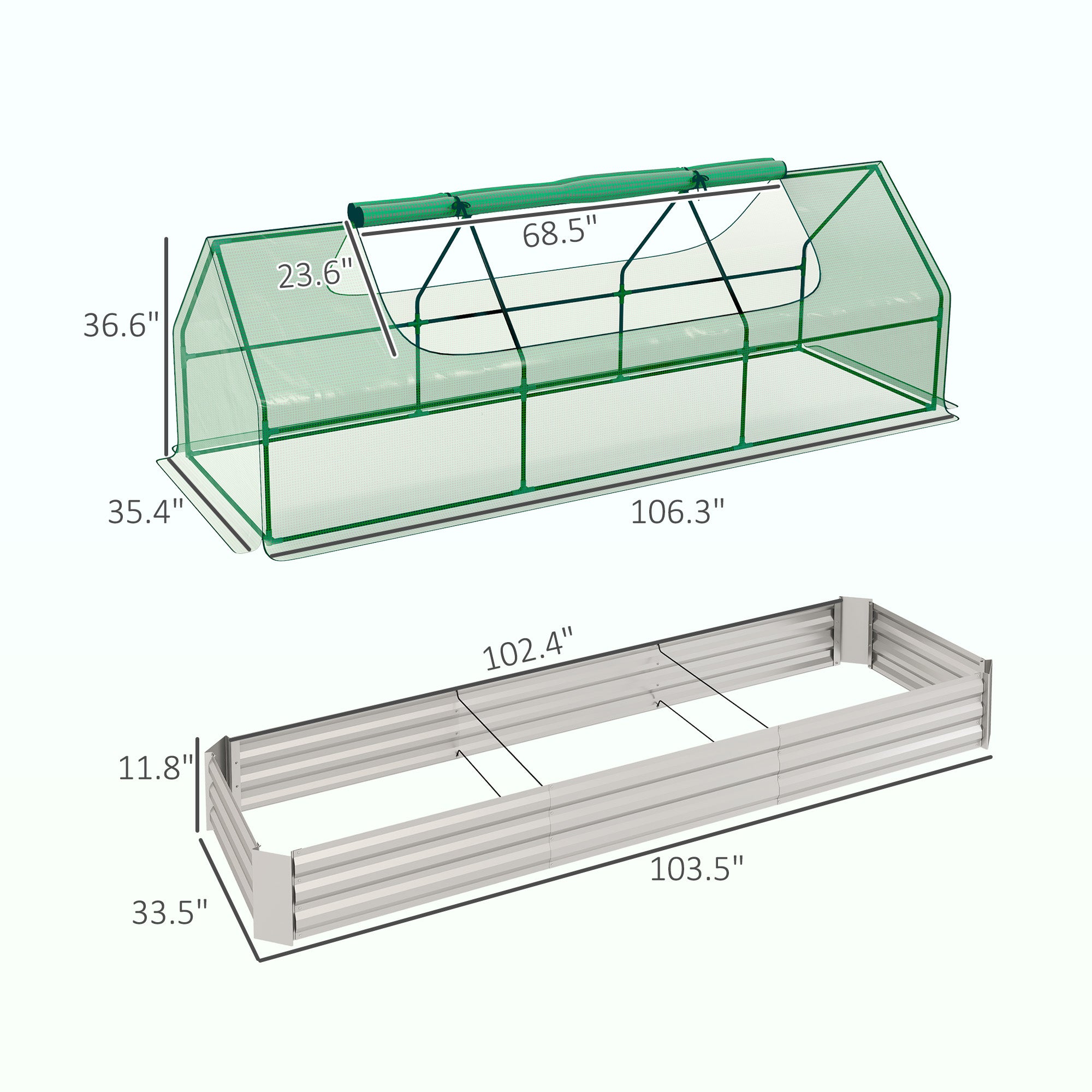 8.6 x 3 x 1ft Metal Planter Box with Mini Greenhouse, Galvanized Raised Garden Bed with Cover for Herbs and Vegetables, Small Greenhouse for Patio Garden Balcony, Green and Silver