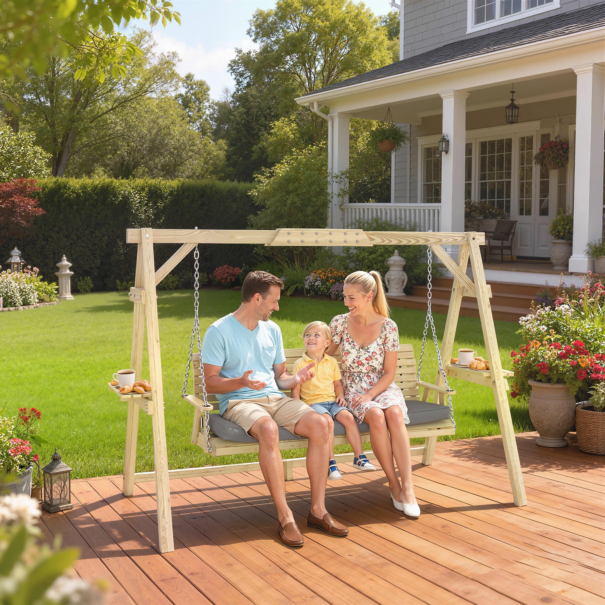 3 Seat Wooden Porch Swing with Stand, Patio Swing with Cushion, for Garden, Poolside, Backyard, Natural Wood