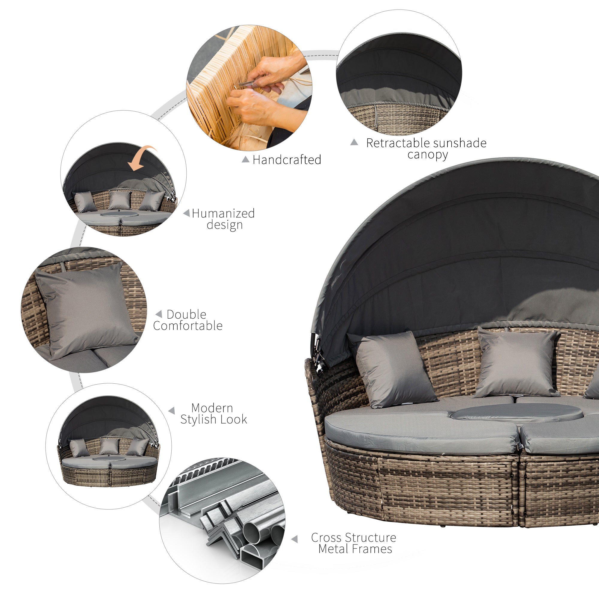 4-Piece Round Convertible Daybed with Cushions, Outdoor PE Rattan Patio Wicker Sofa Set, Sunbed with Adjustable Sun Canopy, Sectional Sofa, 2 Chairs, Table, 3 Pillows, Dark Gray